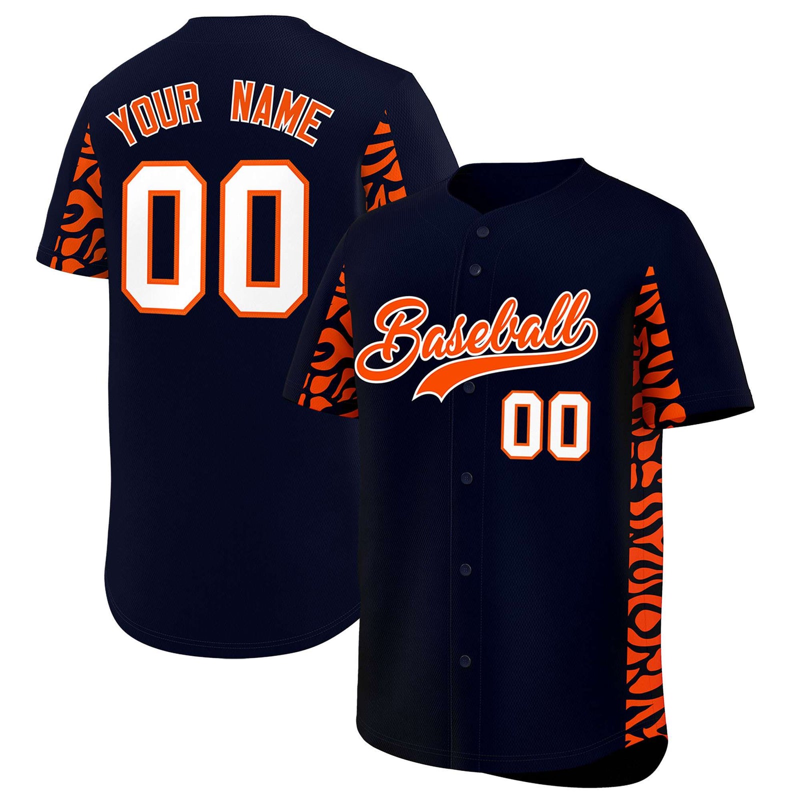 Custom Navy Orange Personalized Leopard Graffiti Pattern Side Design Authentic Baseball Jersey