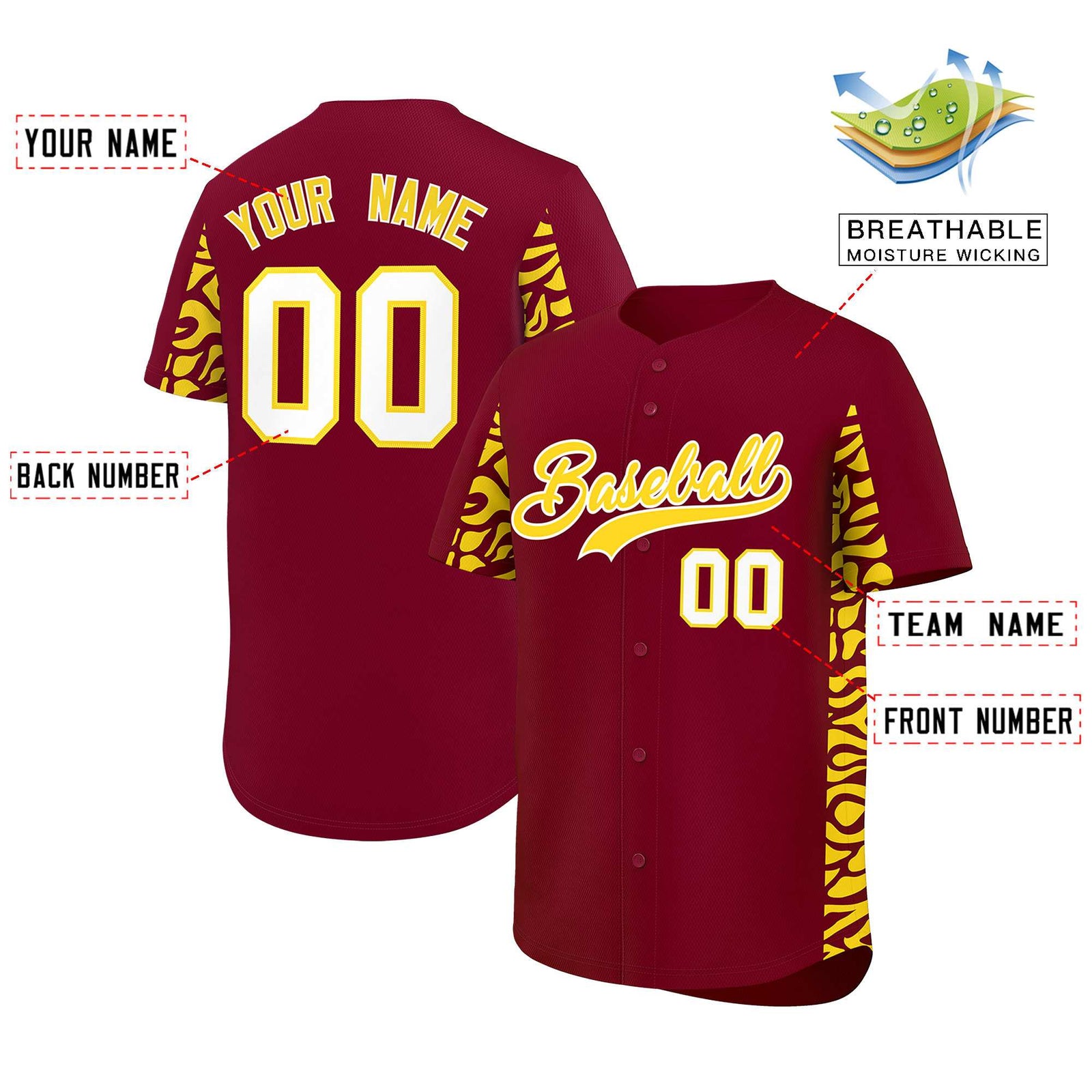 Custom Crimson Gold Personalized Leopard Graffiti Pattern Side Design Authentic Baseball Jersey
