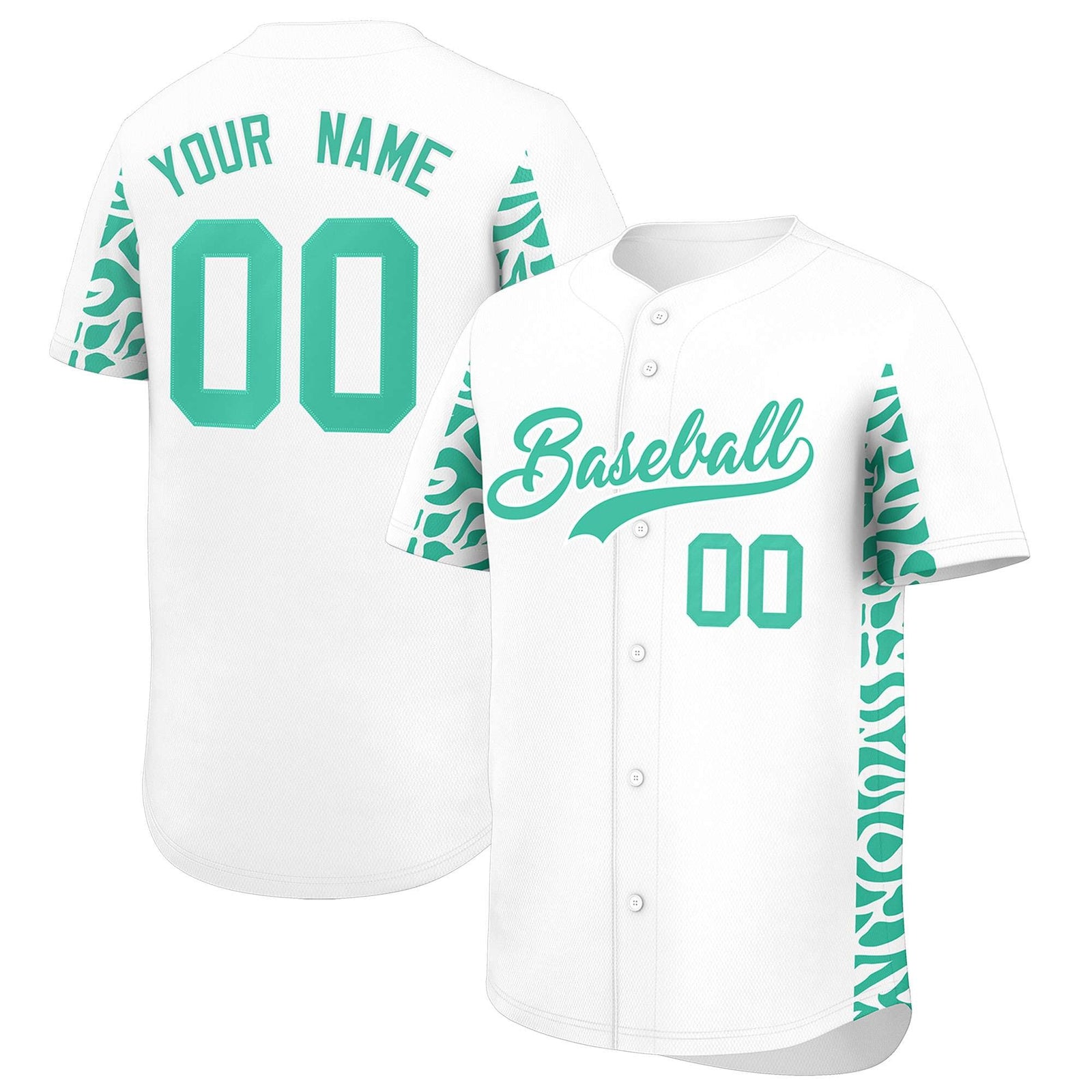 Custom White Bright Green Personalized Leopard Graffiti Pattern Side Design Authentic Baseball Jersey