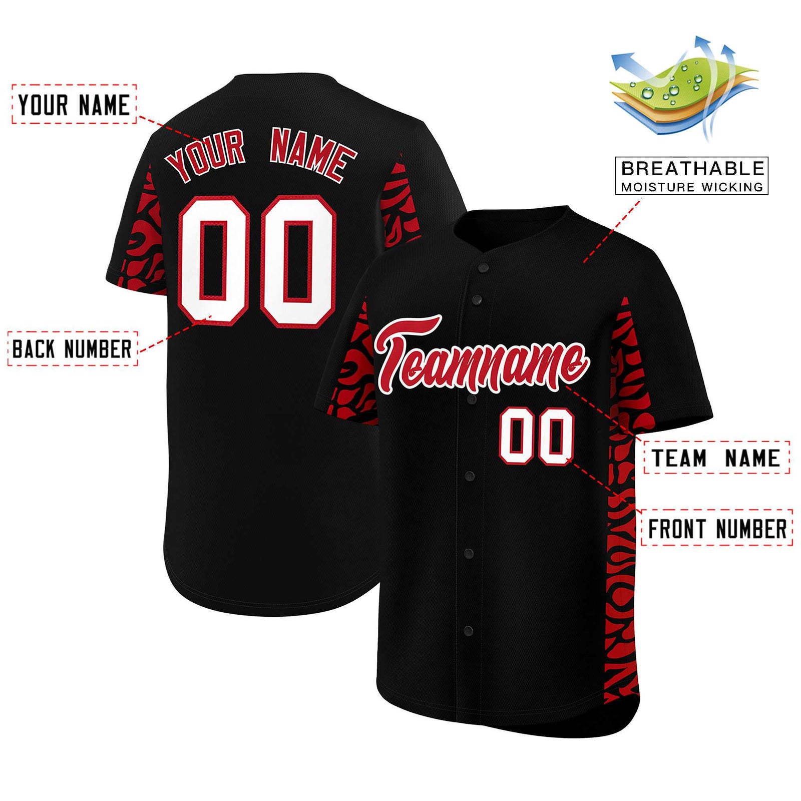 Custom Black Red Personalized Leopard Graffiti Pattern Side Design Authentic Baseball Jersey