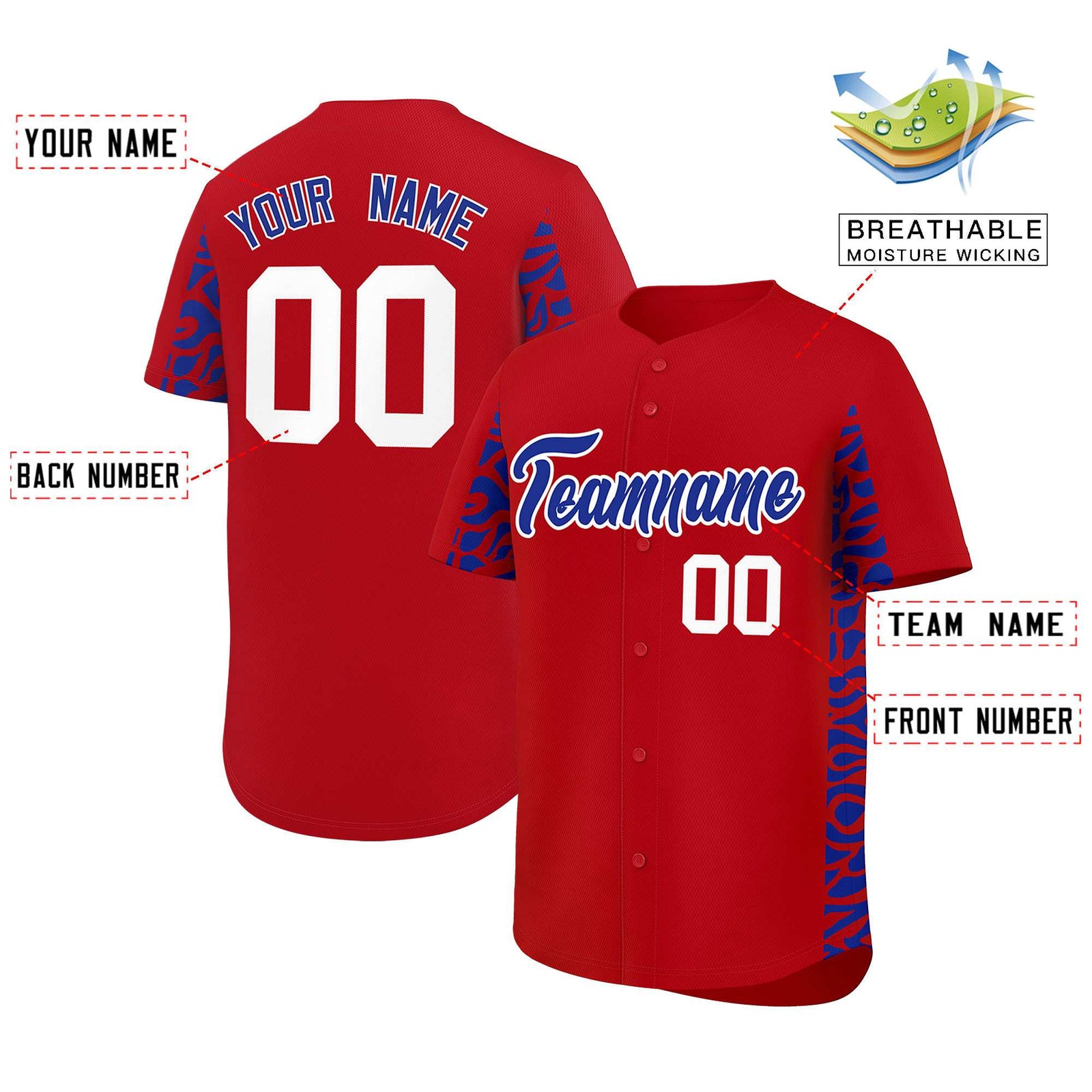 Custom Red Royal Personalized Leopard Graffiti Pattern Side Design Authentic Baseball Jersey