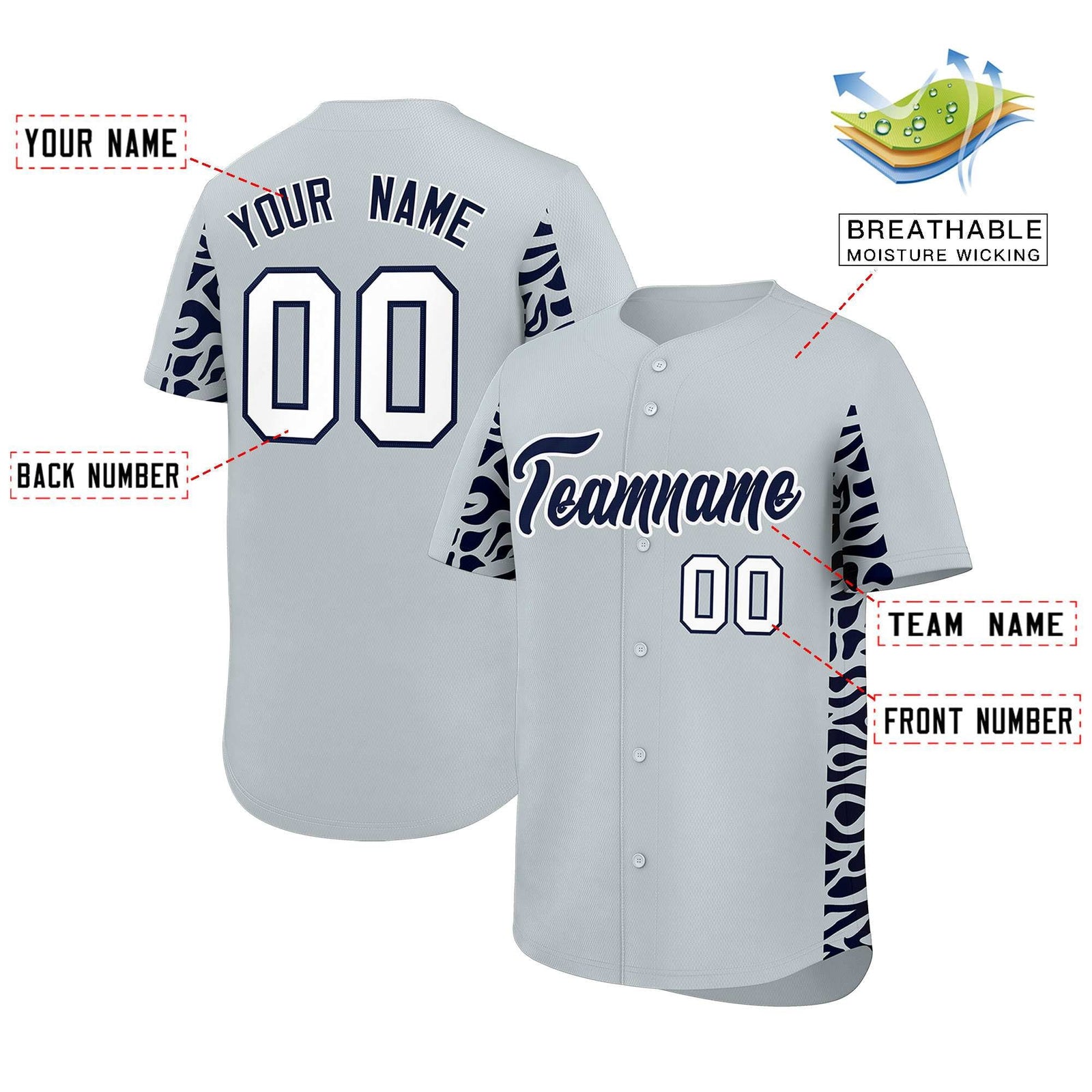 Custom Silver Navy Personalized Leopard Graffiti Pattern Side Design Authentic Baseball Jersey