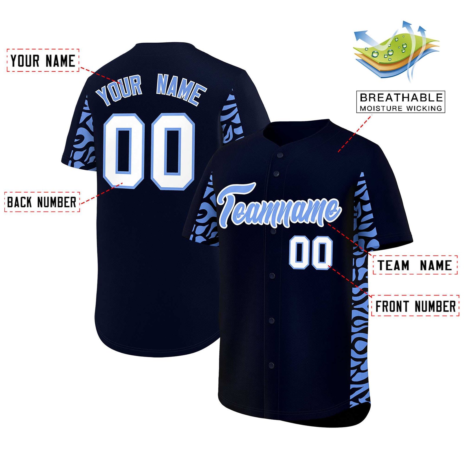 Custom Navy Powder Blue Personalized Leopard Graffiti Pattern Side Design Authentic Baseball Jersey