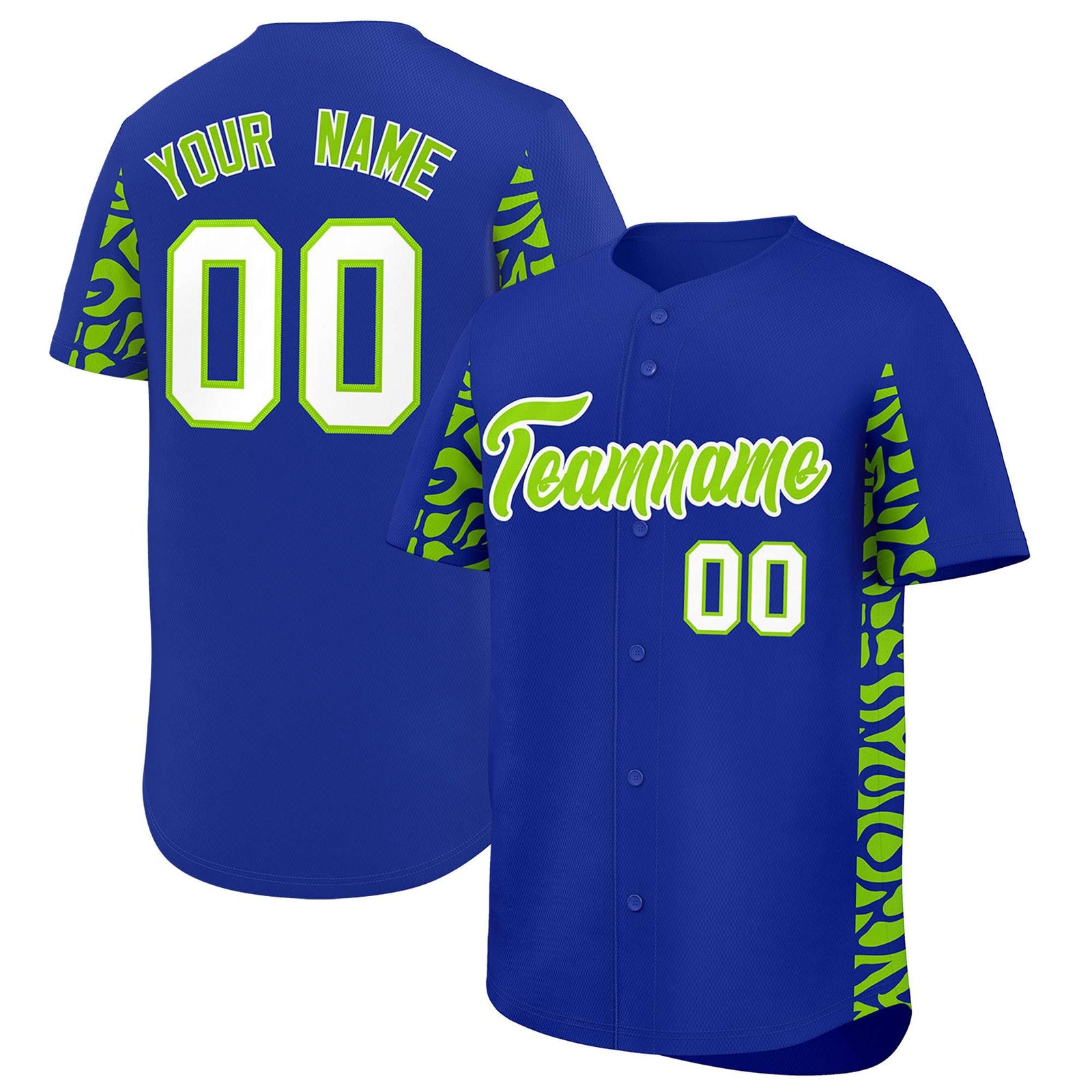 Custom Royal Neon Green Personalized Leopard Graffiti Pattern Side Design Authentic Baseball Jersey