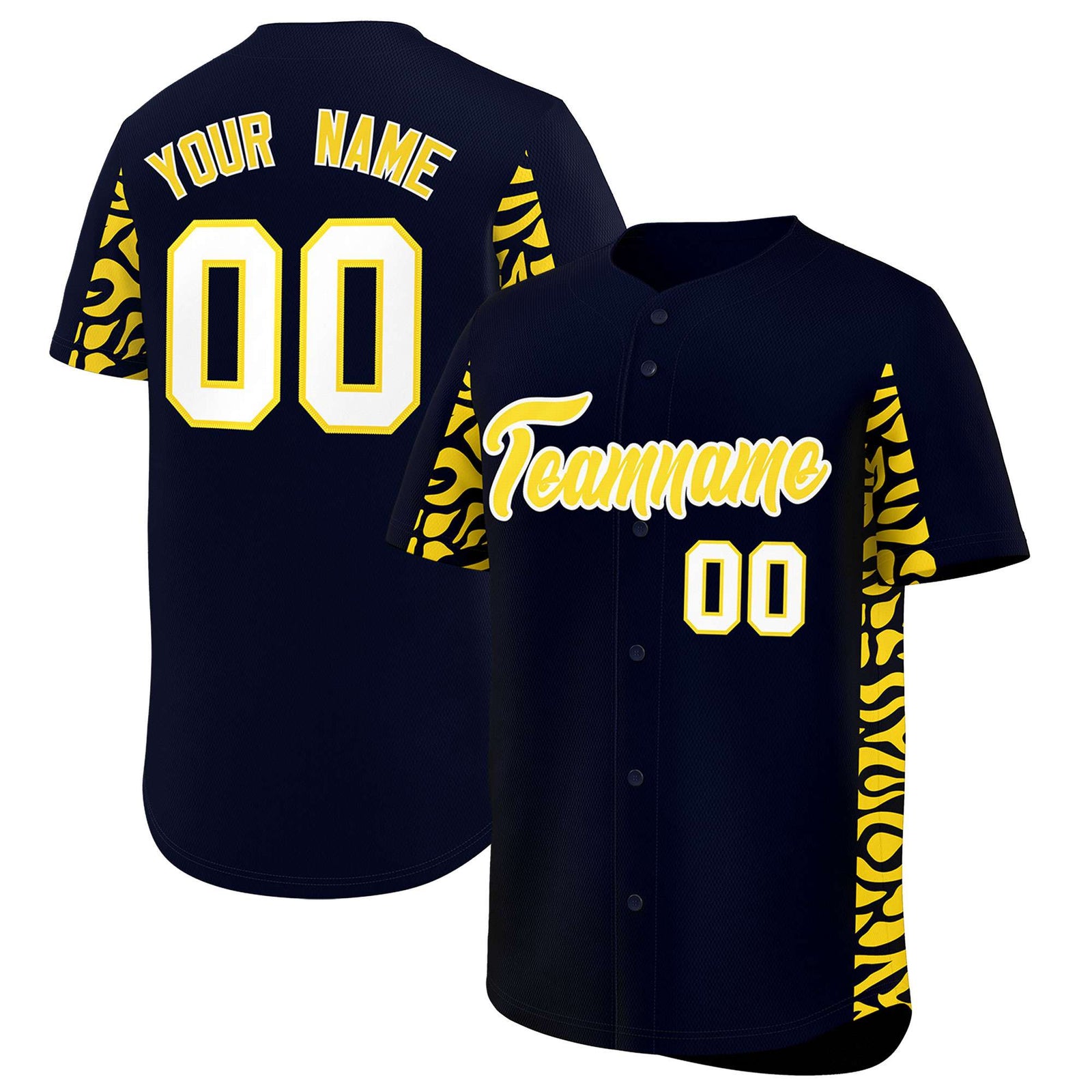 Custom Navy Gold Personalized Leopard Graffiti Pattern Side Design Authentic Baseball Jersey