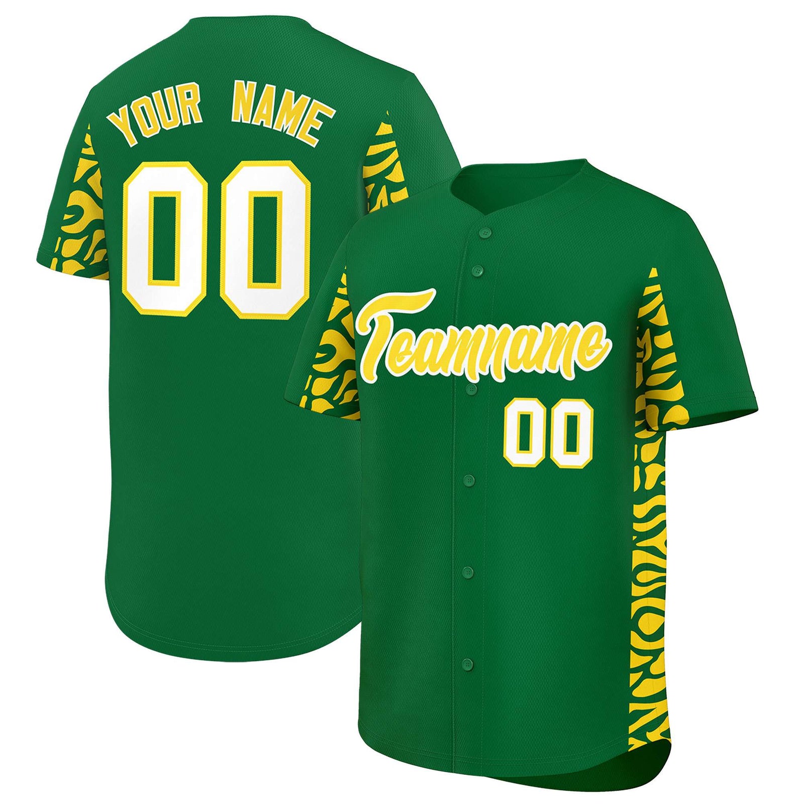 Custom Kelly Green Gold Personalized Leopard Graffiti Pattern Side Design Authentic Baseball Jersey