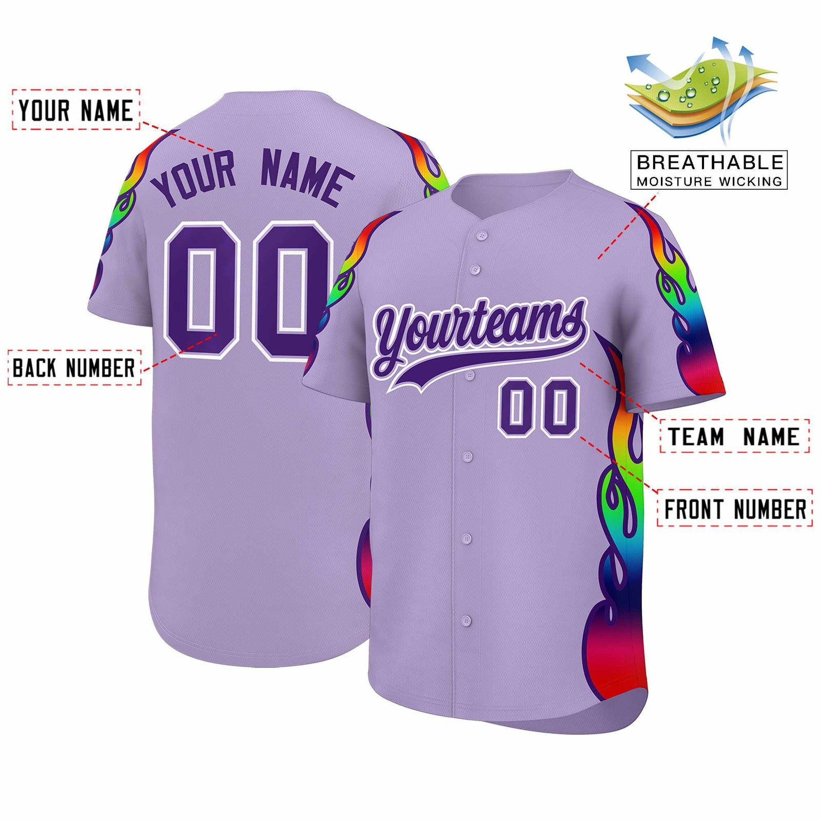 Custom Light Purple Graffiti Pattern Personalized Multicolored Flames Print Authentic Baseball Jersey