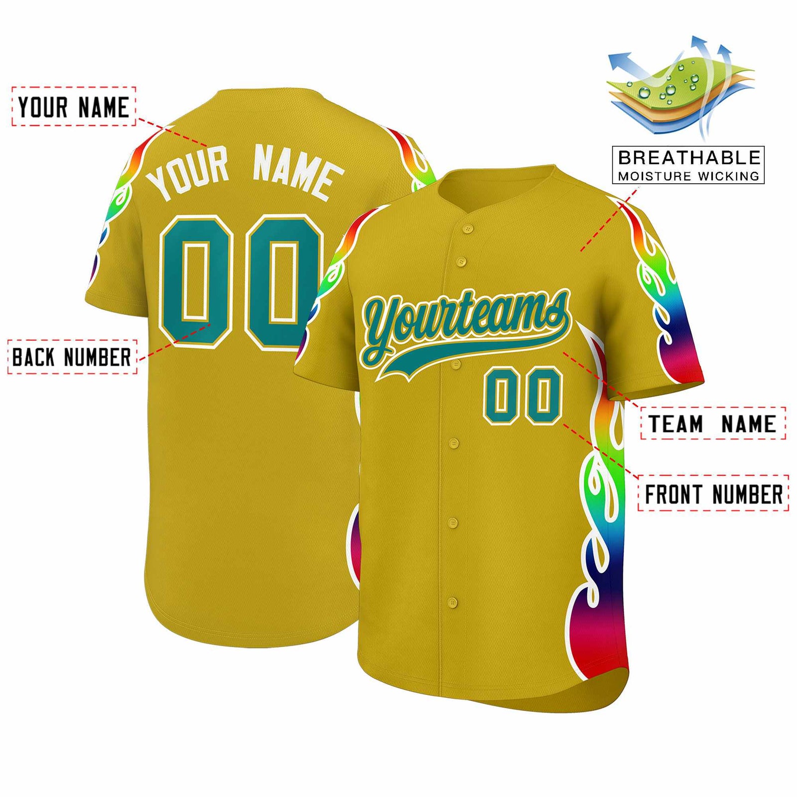 Custom Old Gold Graffiti Pattern Personalized Multicolored Flames Print Authentic Baseball Jersey