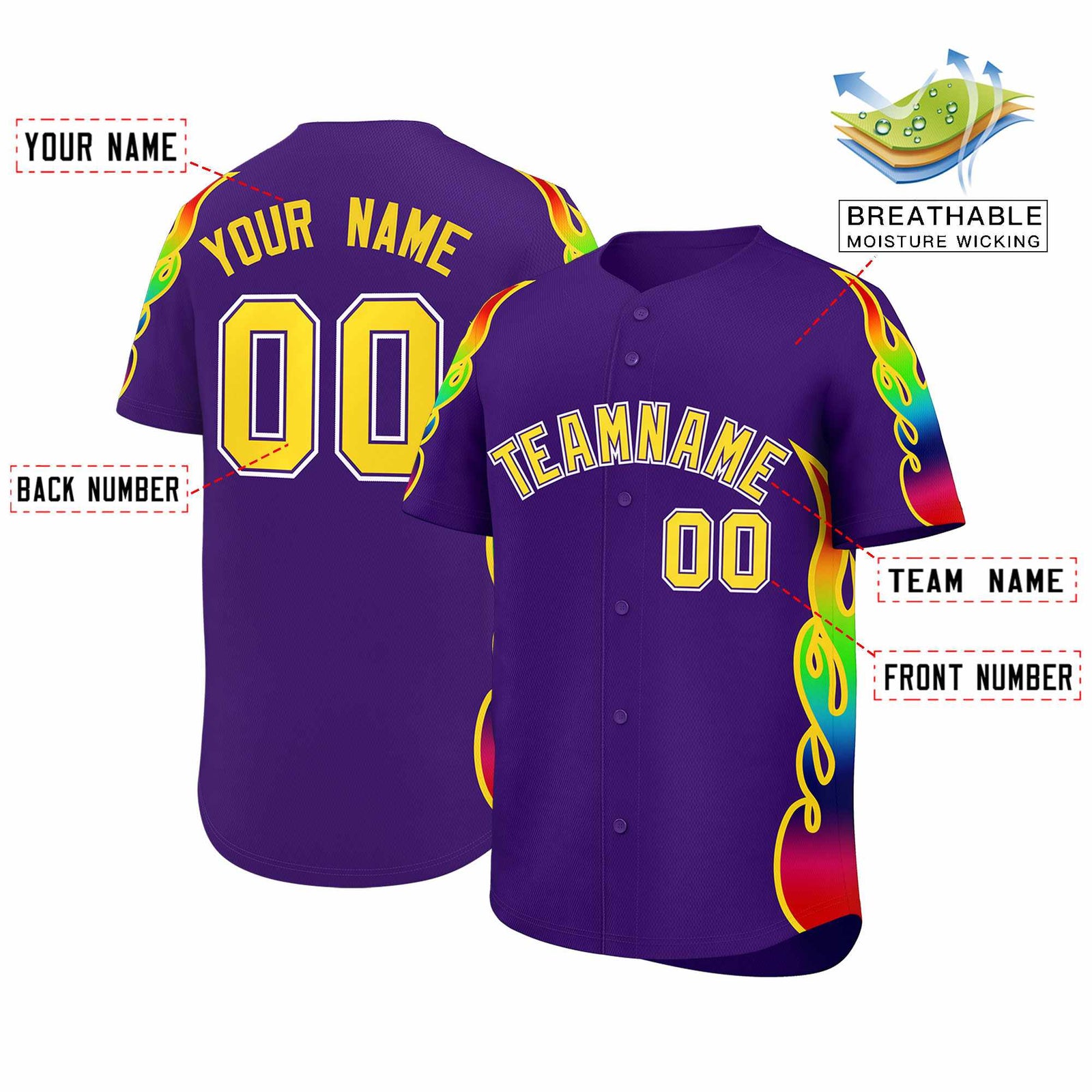 Custom Purple Graffiti Pattern Personalized Multicolored Flames Print Authentic Baseball Jersey