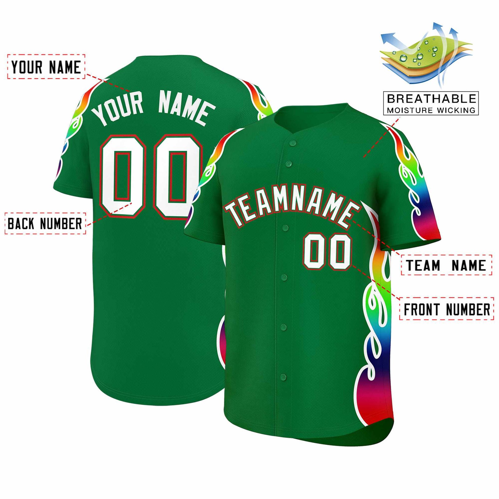 Custom Kelly Green Graffiti Pattern Personalized Multicolored Flames Print Authentic Baseball Jersey
