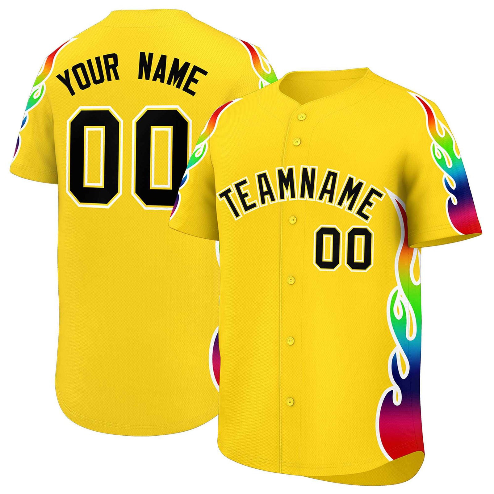 Custom Gold Graffiti Pattern Personalized Multicolored Flames Print Authentic Baseball Jersey