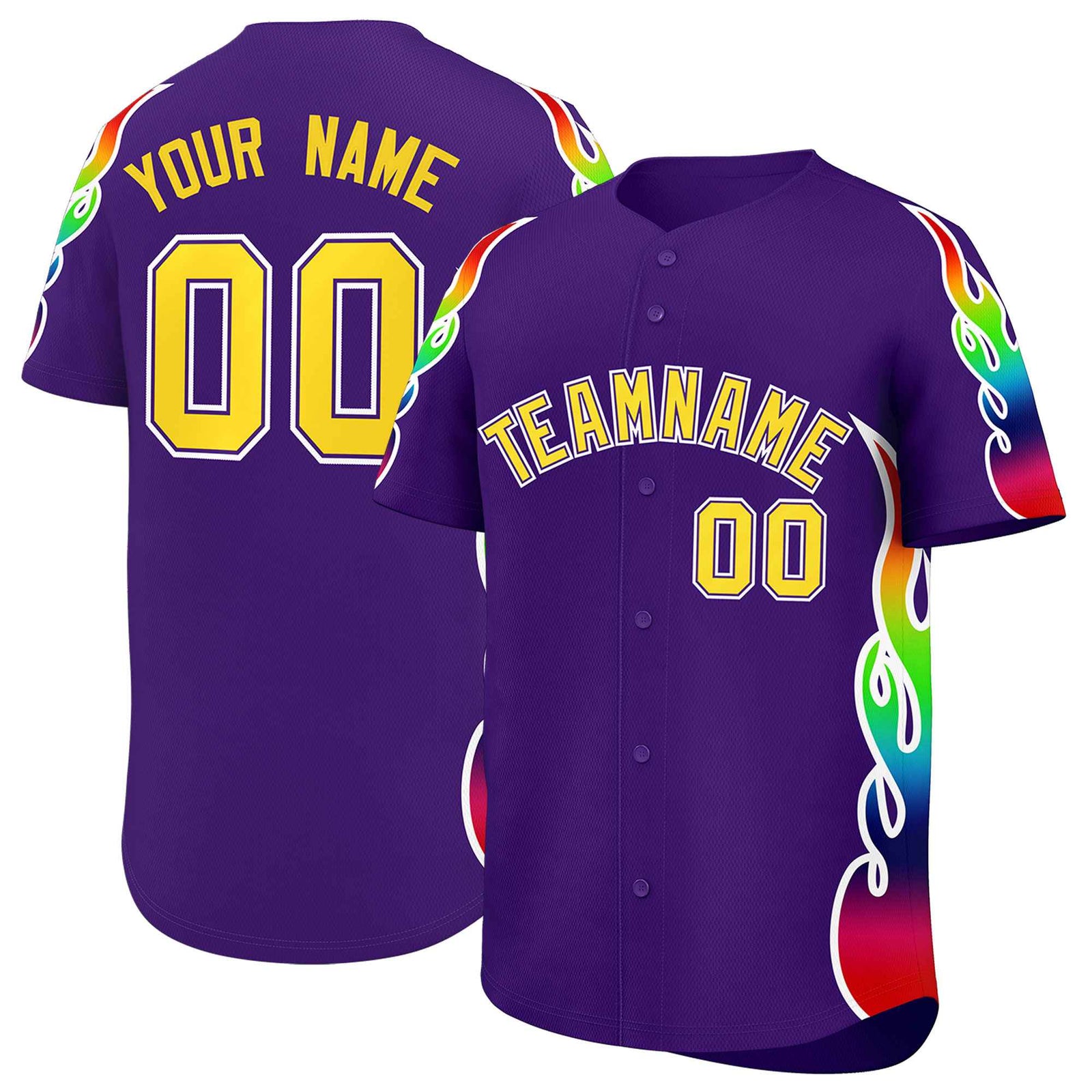 Custom Purple Graffiti Pattern Personalized Multicolored Flames Print Authentic Baseball Jersey