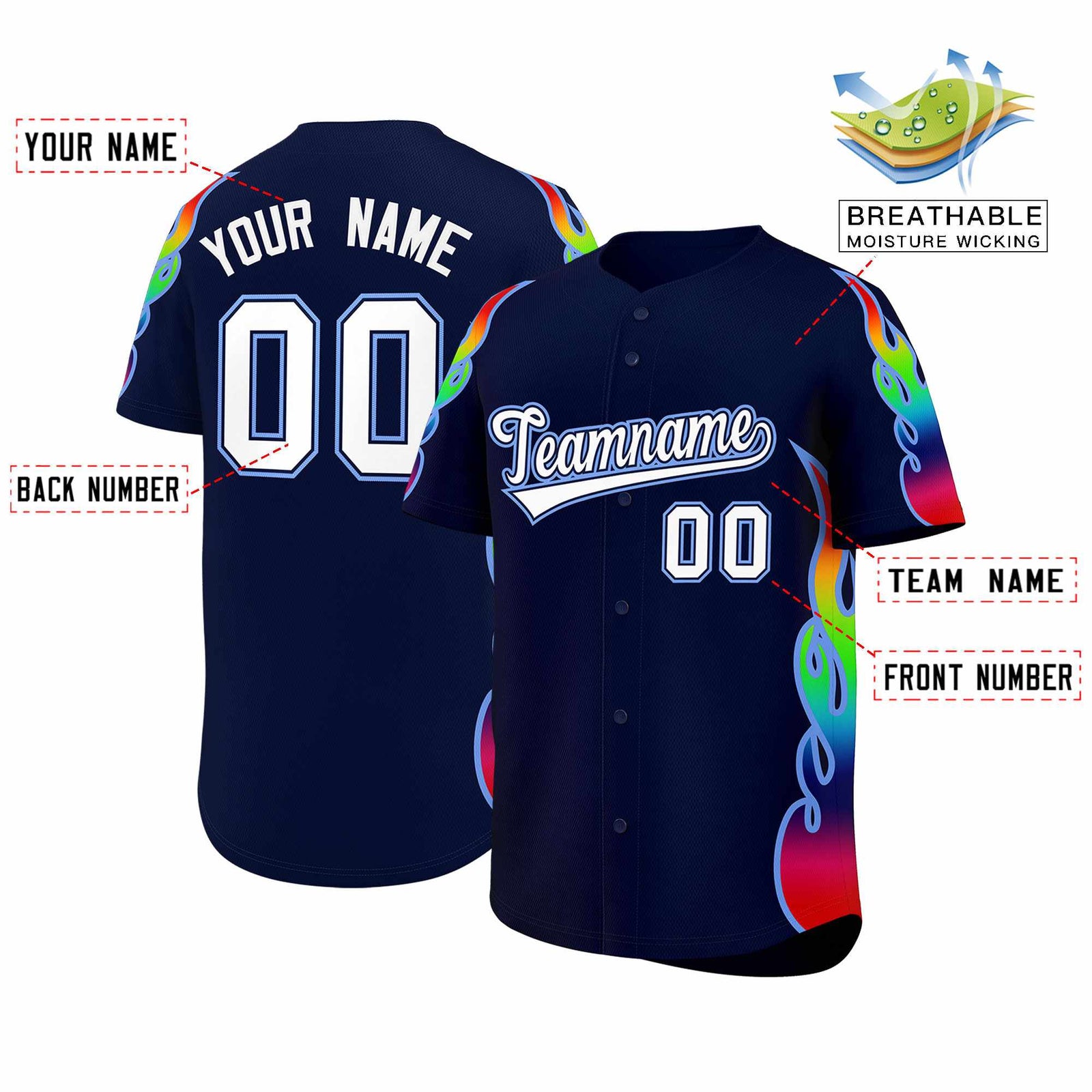 Custom Navy Graffiti Pattern Personalized Multicolored Flames Print Authentic Baseball Jersey