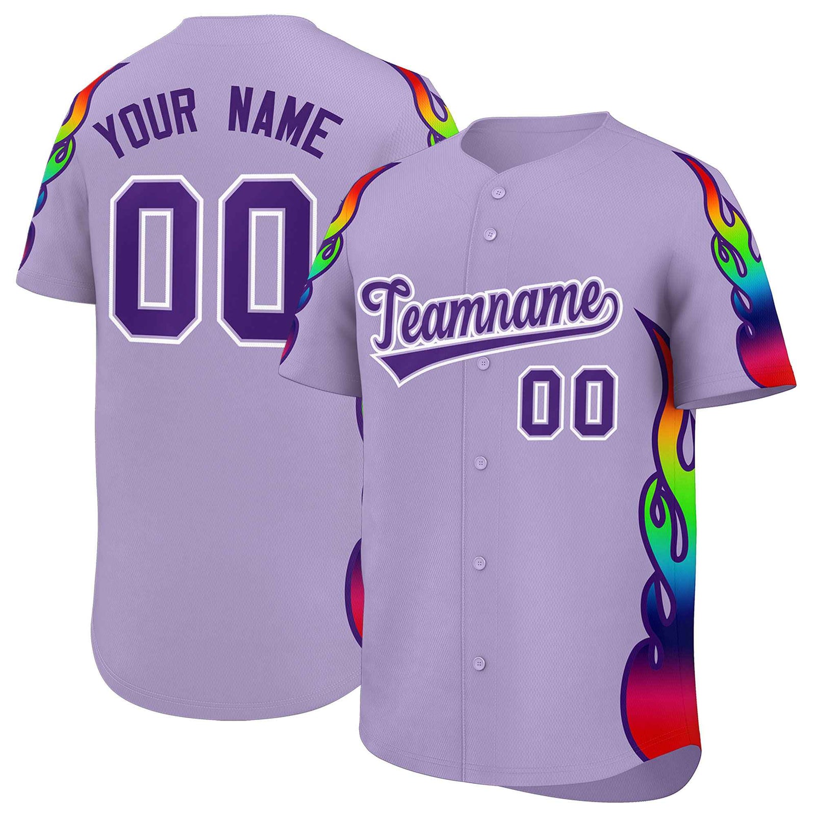 Custom Light Purple Graffiti Pattern Personalized Multicolored Flames Print Authentic Baseball Jersey