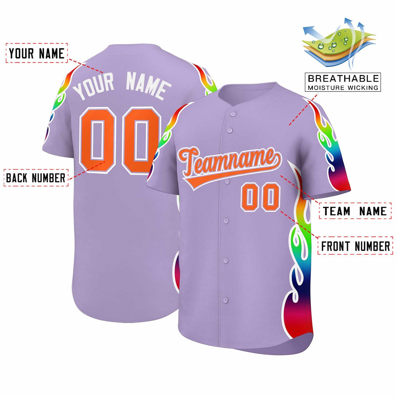 Custom Light Purple Graffiti Pattern Personalized Multicolored Flames Print Authentic Baseball Jersey