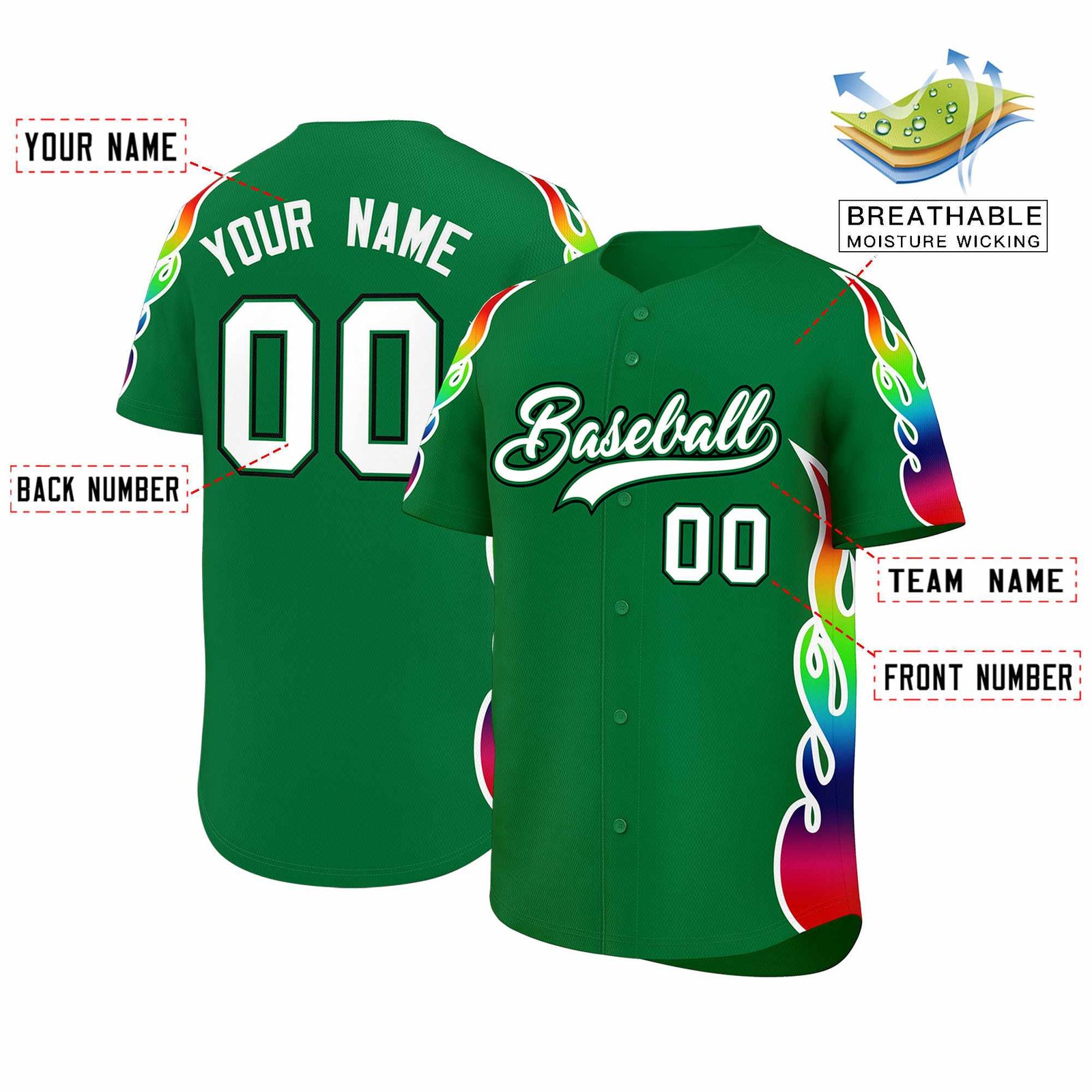 Custom Kelly Green Graffiti Pattern Personalized Multicolored Flames Print Authentic Baseball Jersey
