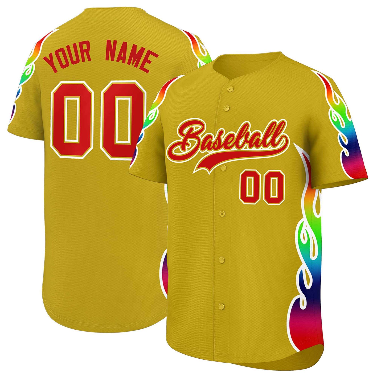 Custom Old Gold Graffiti Pattern Personalized Multicolored Flames Print Authentic Baseball Jersey