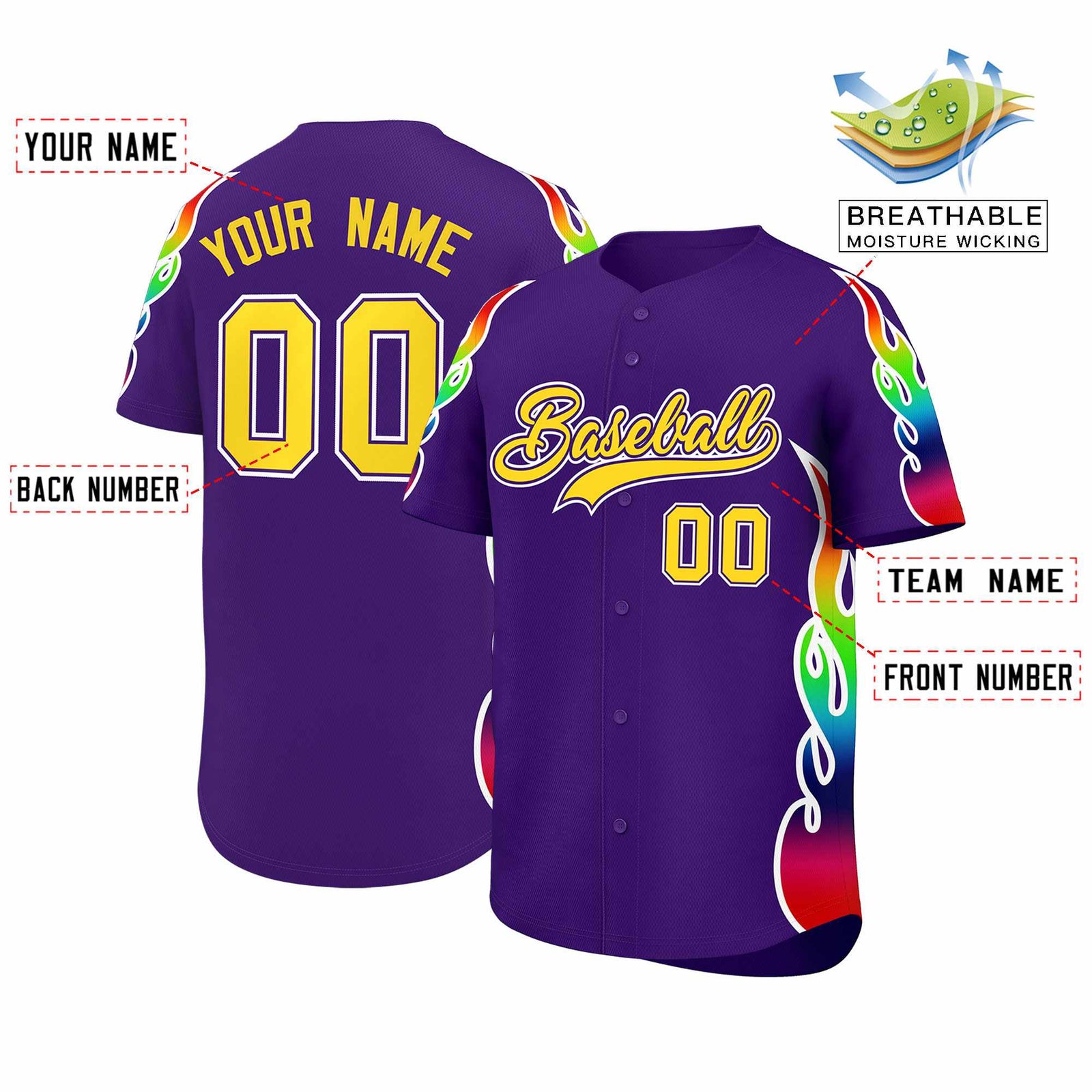 Custom Purple Graffiti Pattern Personalized Multicolored Flames Print Authentic Baseball Jersey