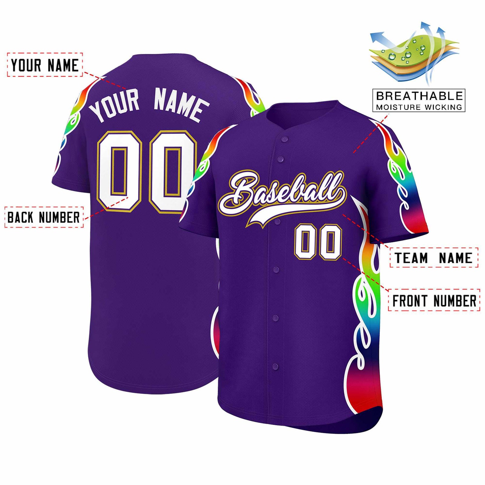 Custom Purple Graffiti Pattern Personalized Multicolored Flames Print Authentic Baseball Jersey