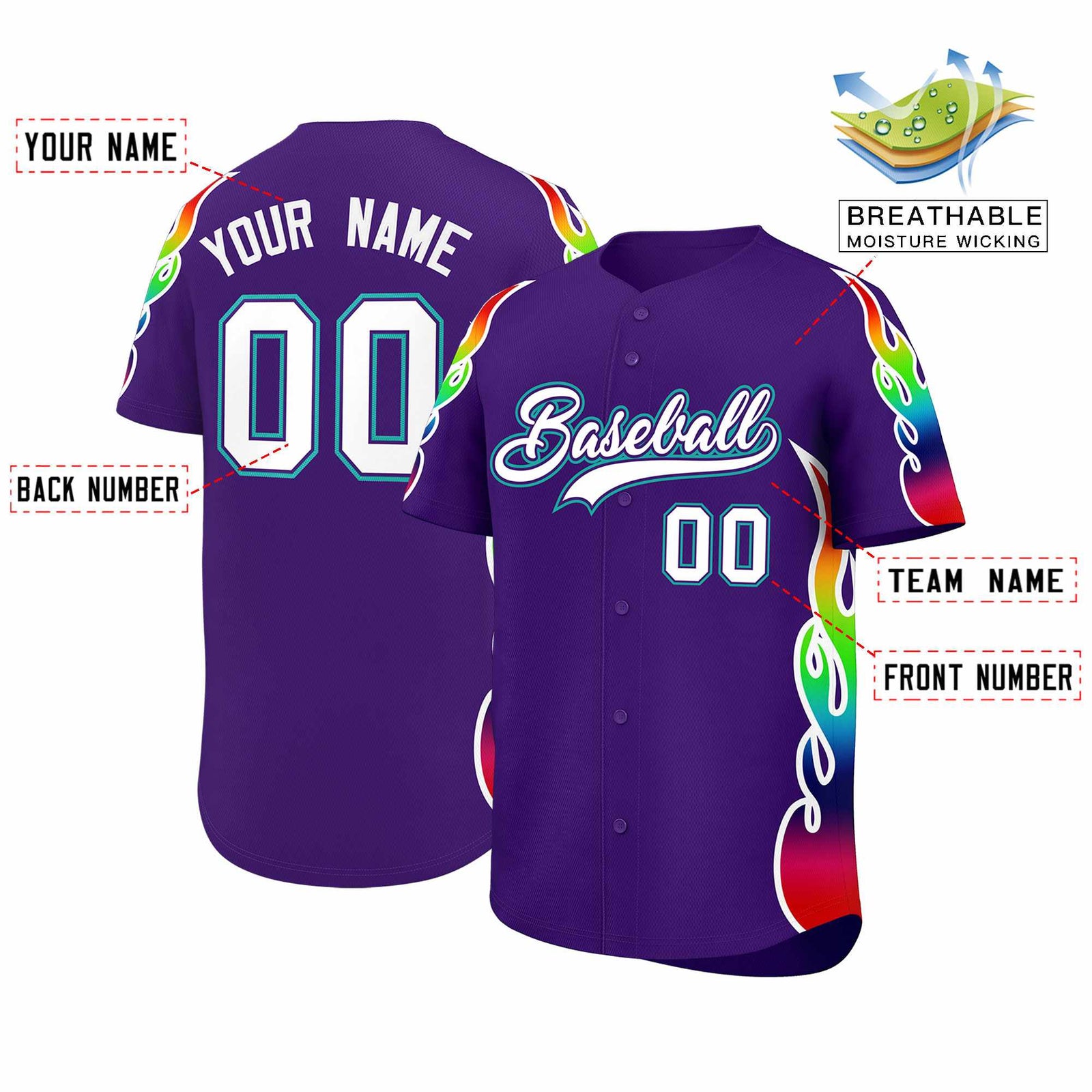 Custom Purple Graffiti Pattern Personalized Multicolored Flames Print Authentic Baseball Jersey