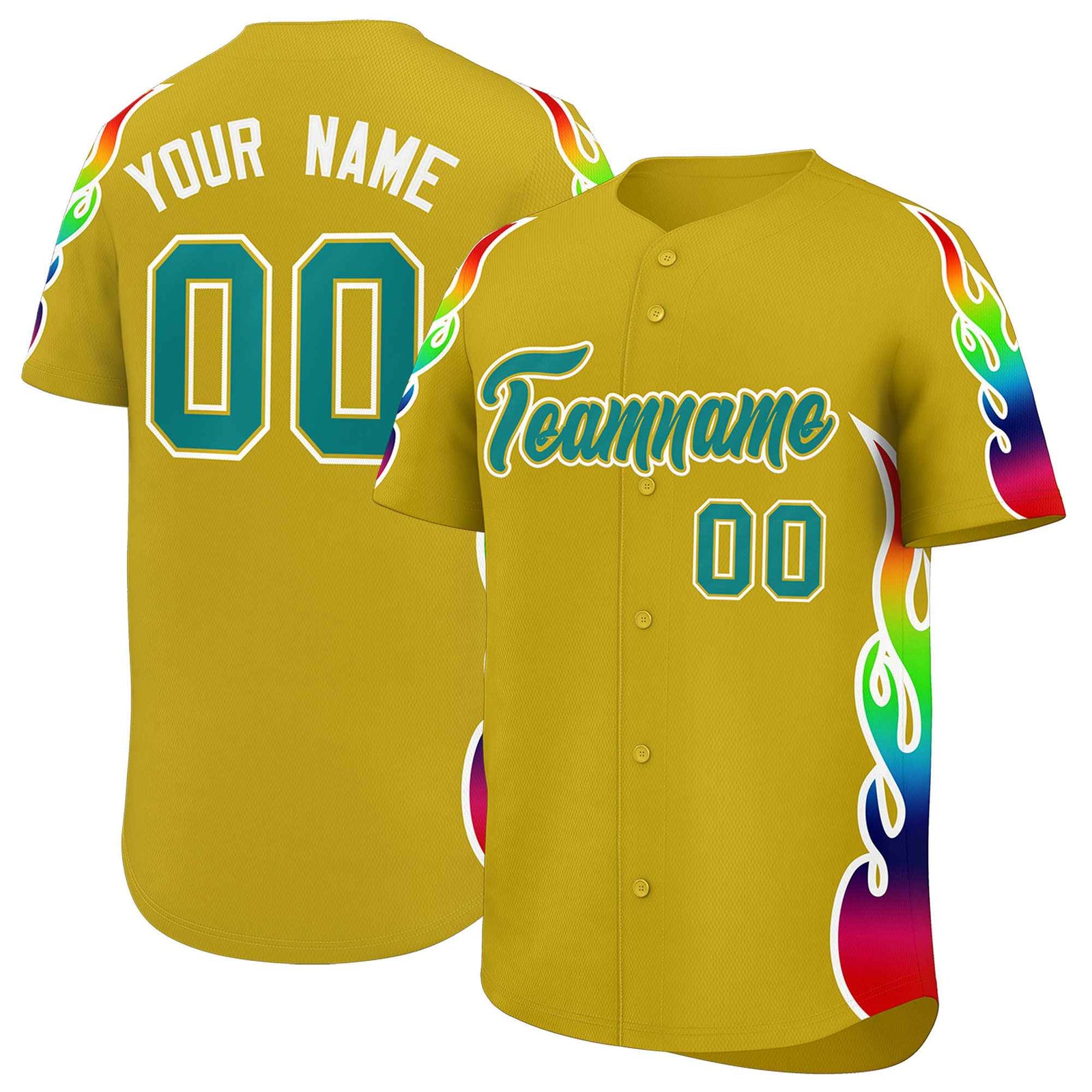 Custom Old Gold Graffiti Pattern Personalized Multicolored Flames Print Authentic Baseball Jersey