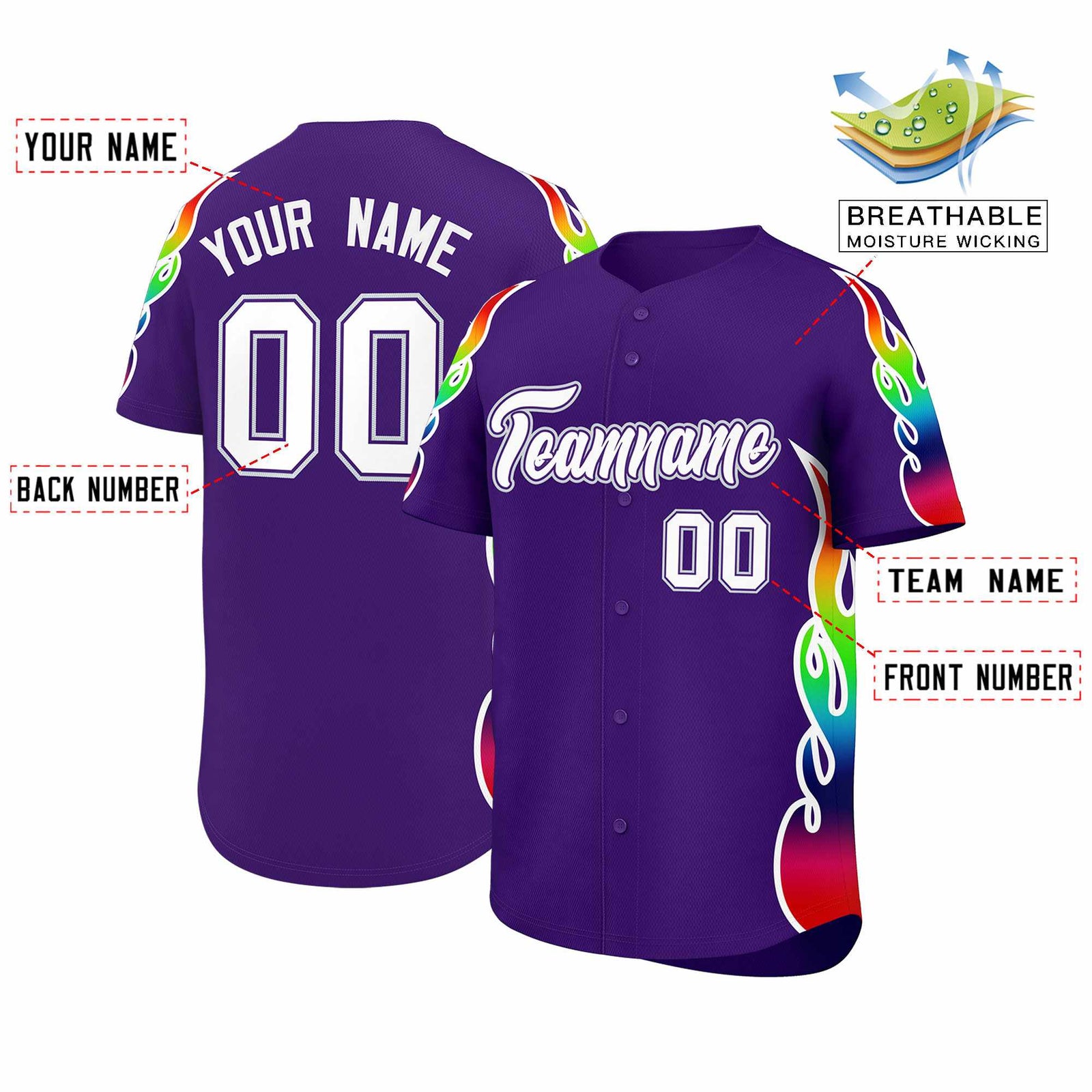 Custom Purple Graffiti Pattern Personalized Multicolored Flames Print Authentic Baseball Jersey