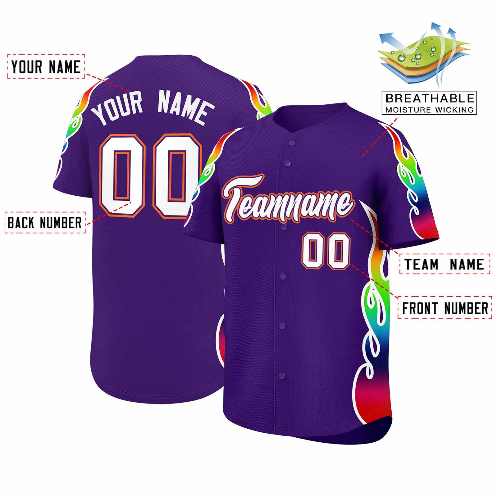 Custom Purple Graffiti Pattern Personalized Multicolored Flames Print Authentic Baseball Jersey
