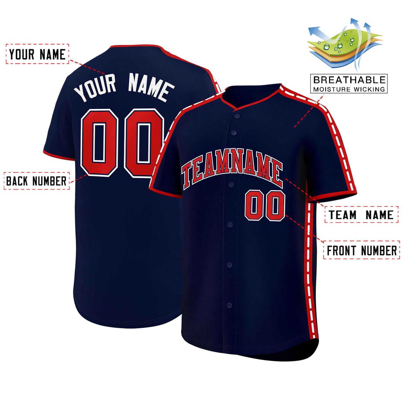 Custom Navy Red Color Block Personalized Side Dotted Line Authentic Baseball Jersey