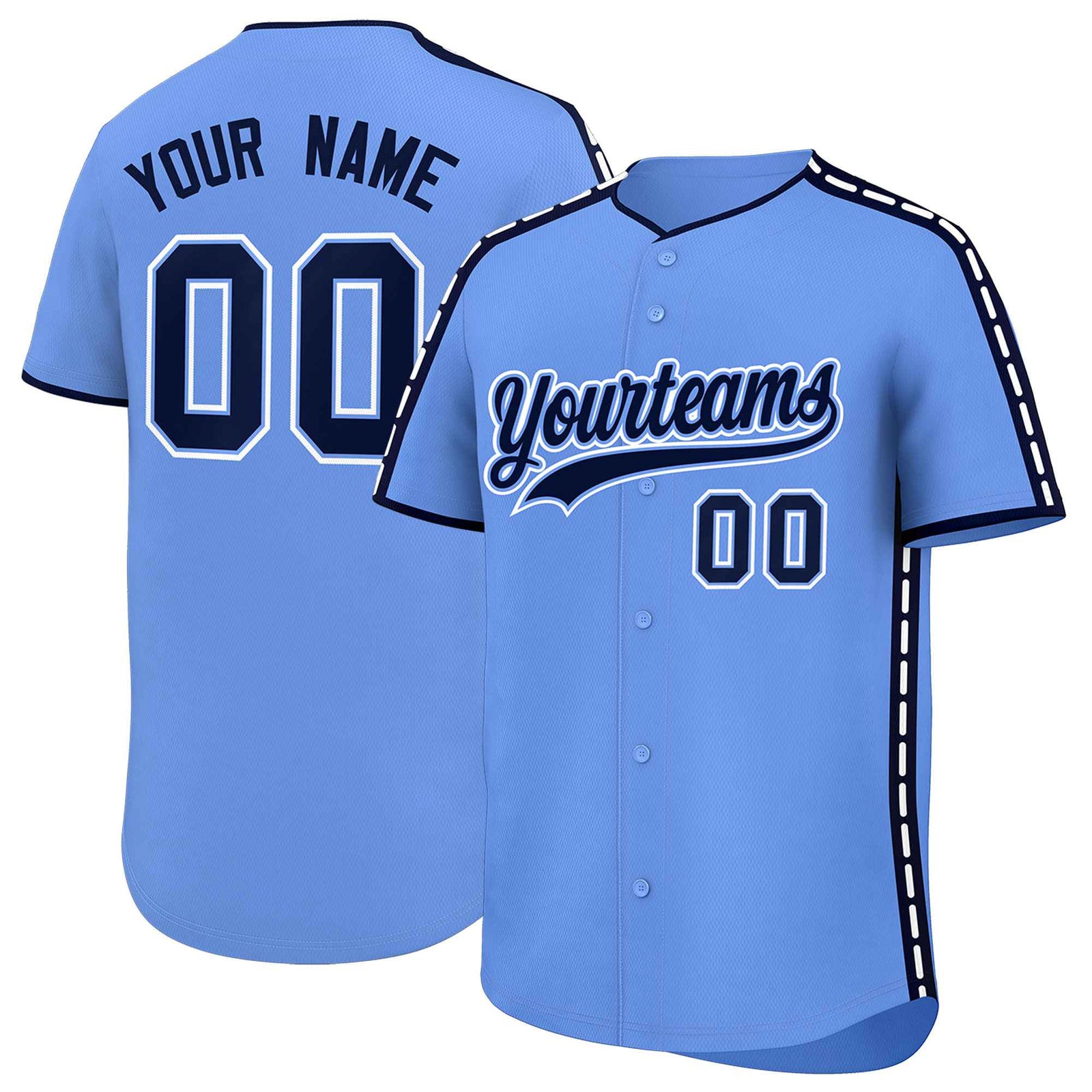Custom Light Blue Navy Color Block Personalized Side Dotted Line Authentic Baseball Jersey
