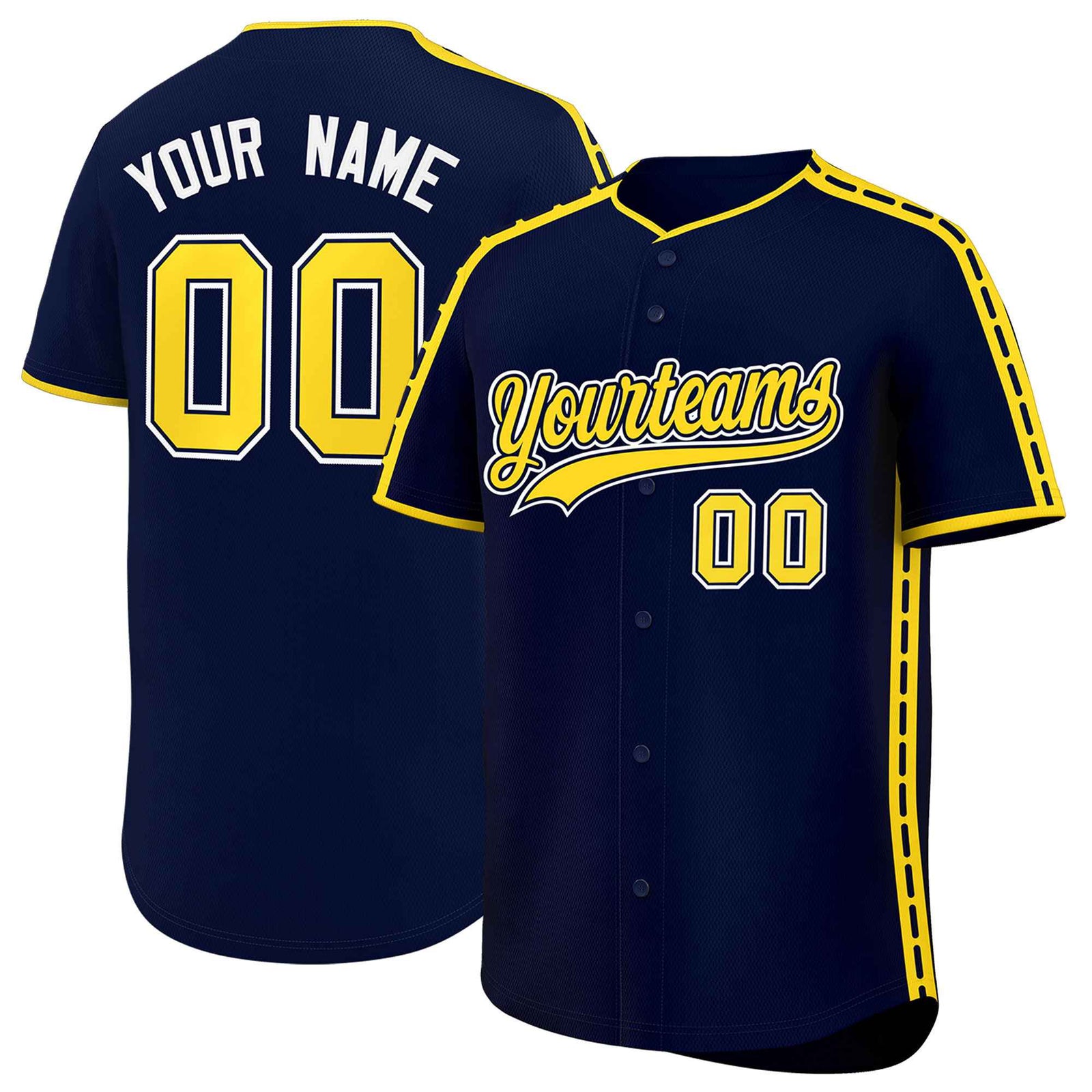 Custom Navy Gold Color Block Personalized Side Dotted Line Authentic Baseball Jersey