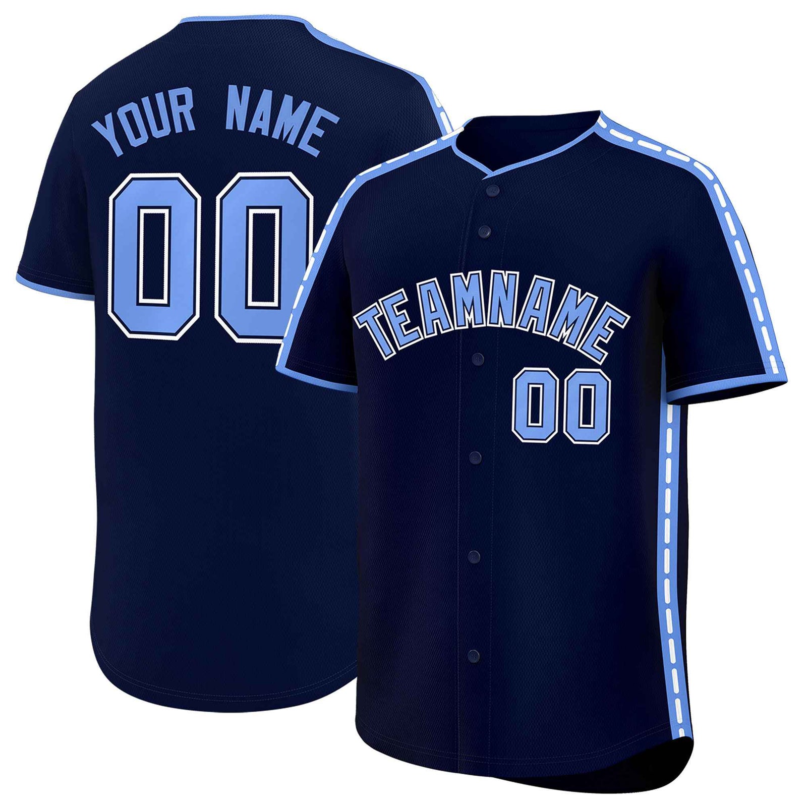 Custom Navy Light Blue Color Block Personalized Side Dotted Line Authentic Baseball Jersey