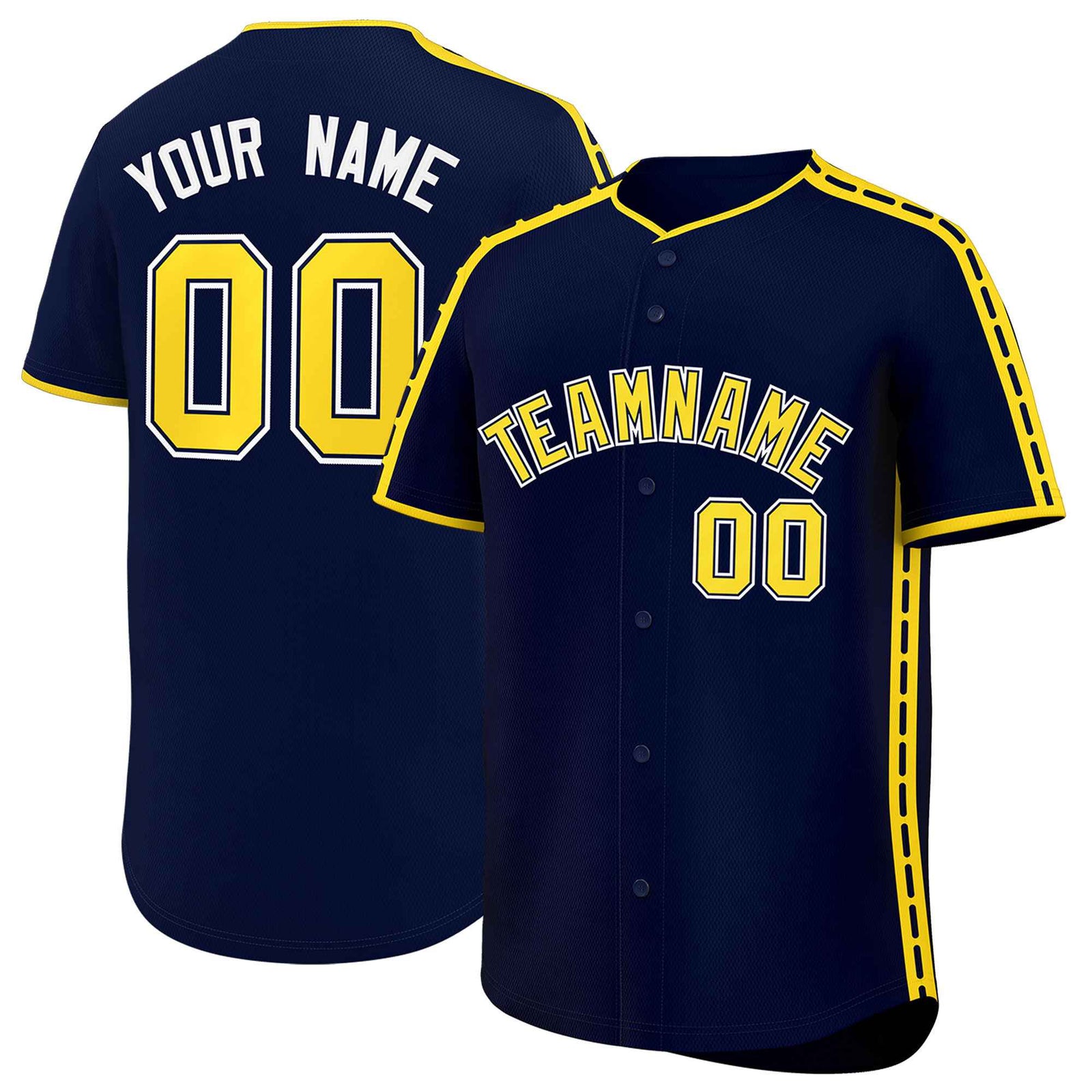 Custom Navy Gold Color Block Personalized Side Dotted Line Authentic Baseball Jersey