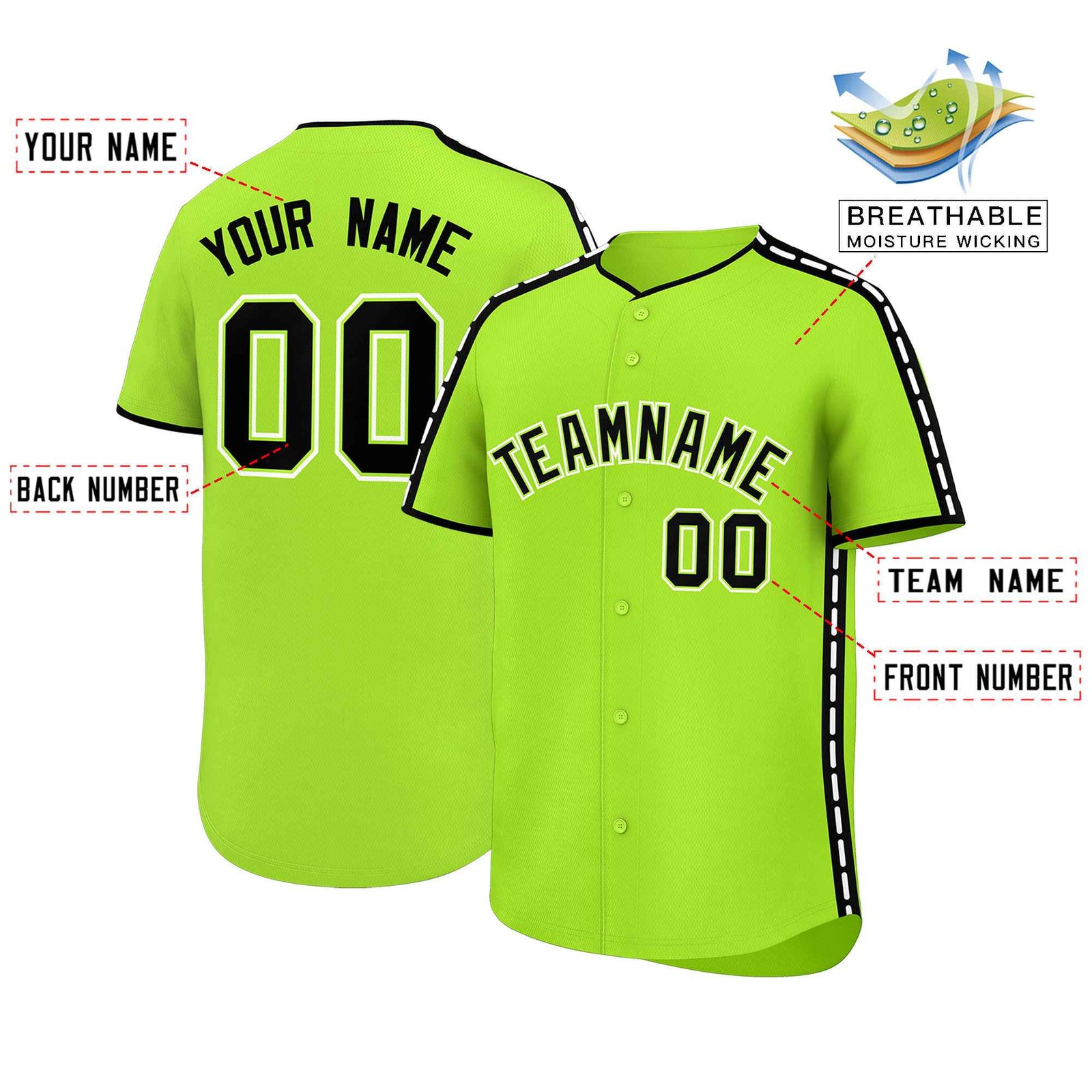 Custom Light Green Black Color Block Personalized Side Dotted Line Authentic Baseball Jersey