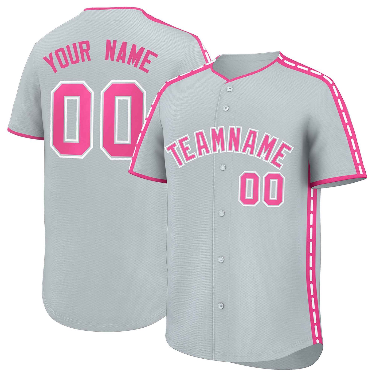 Custom Silver Pink Color Block Personalized Side Dotted Line Authentic Baseball Jersey