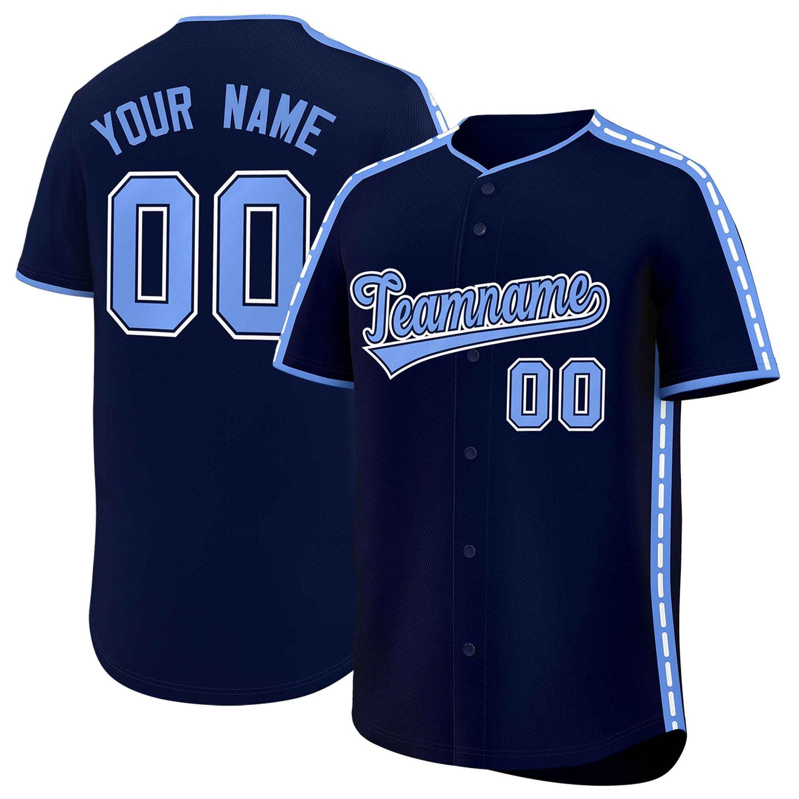 Custom Navy Light Blue Color Block Personalized Side Dotted Line Authentic Baseball Jersey
