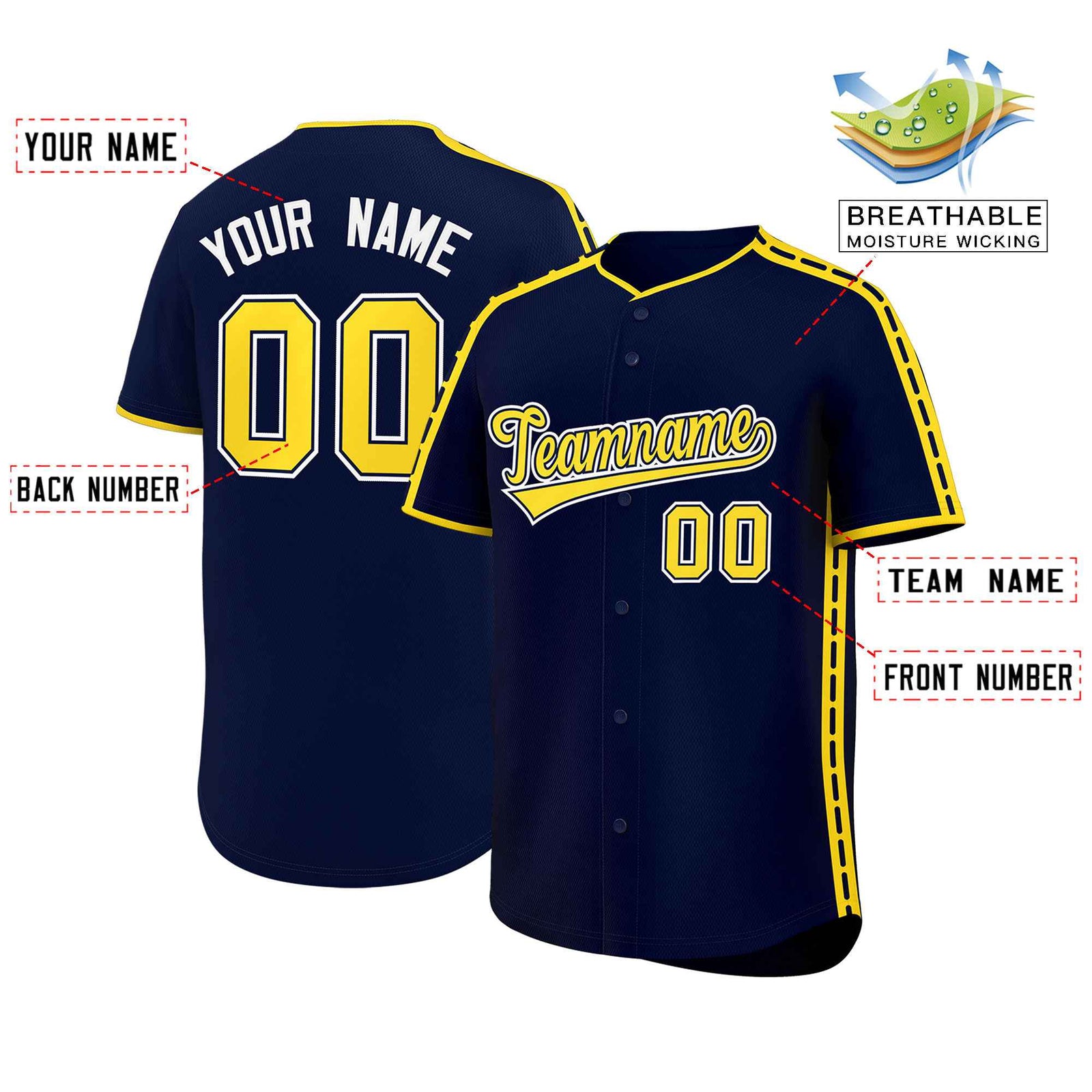 Custom Navy Gold Color Block Personalized Side Dotted Line Authentic Baseball Jersey