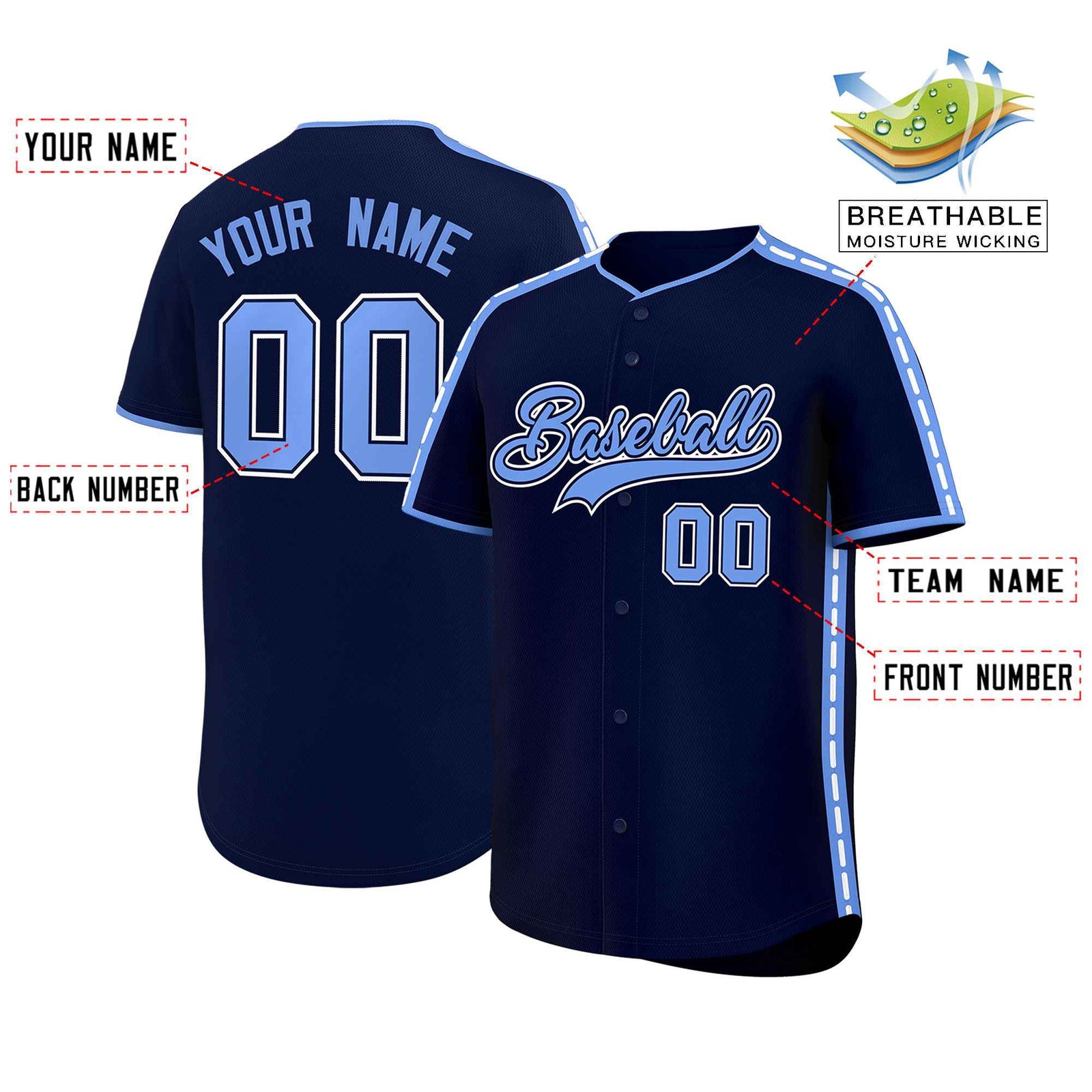 Custom Navy Light Blue Color Block Personalized Side Dotted Line Authentic Baseball Jersey