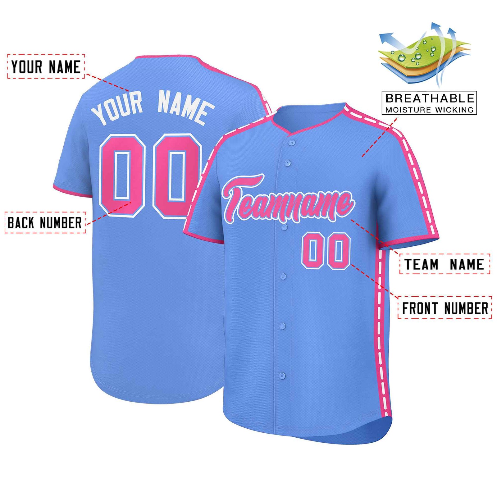 Custom Light Blue Pink Color Block Personalized Side Dotted Line Authentic Baseball Jersey