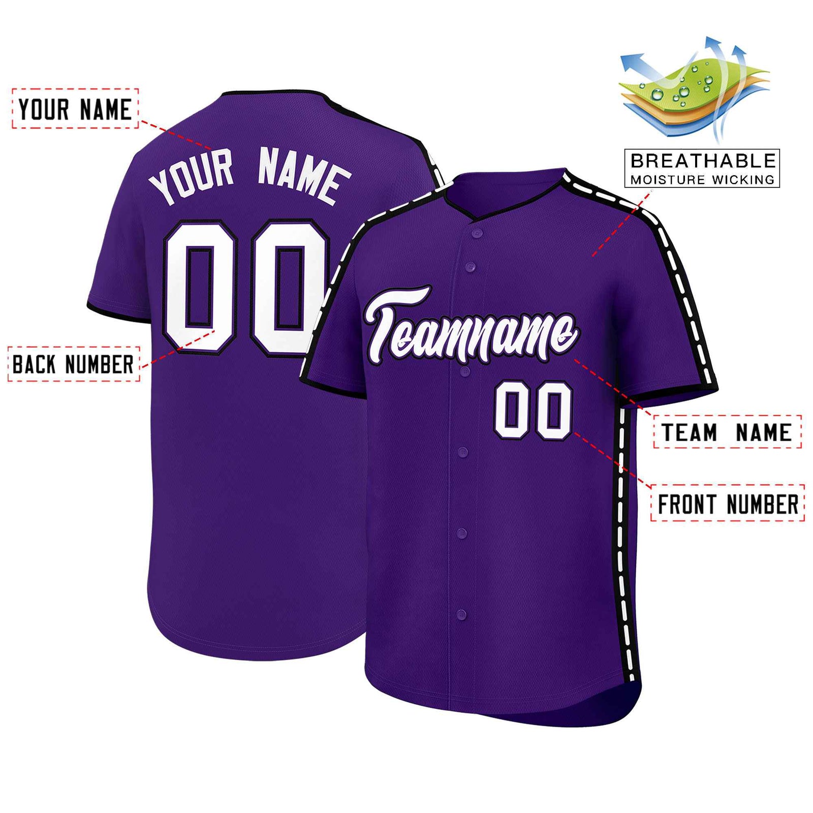 Custom Purple Black Color Block Personalized Side Dotted Line Authentic Baseball Jersey