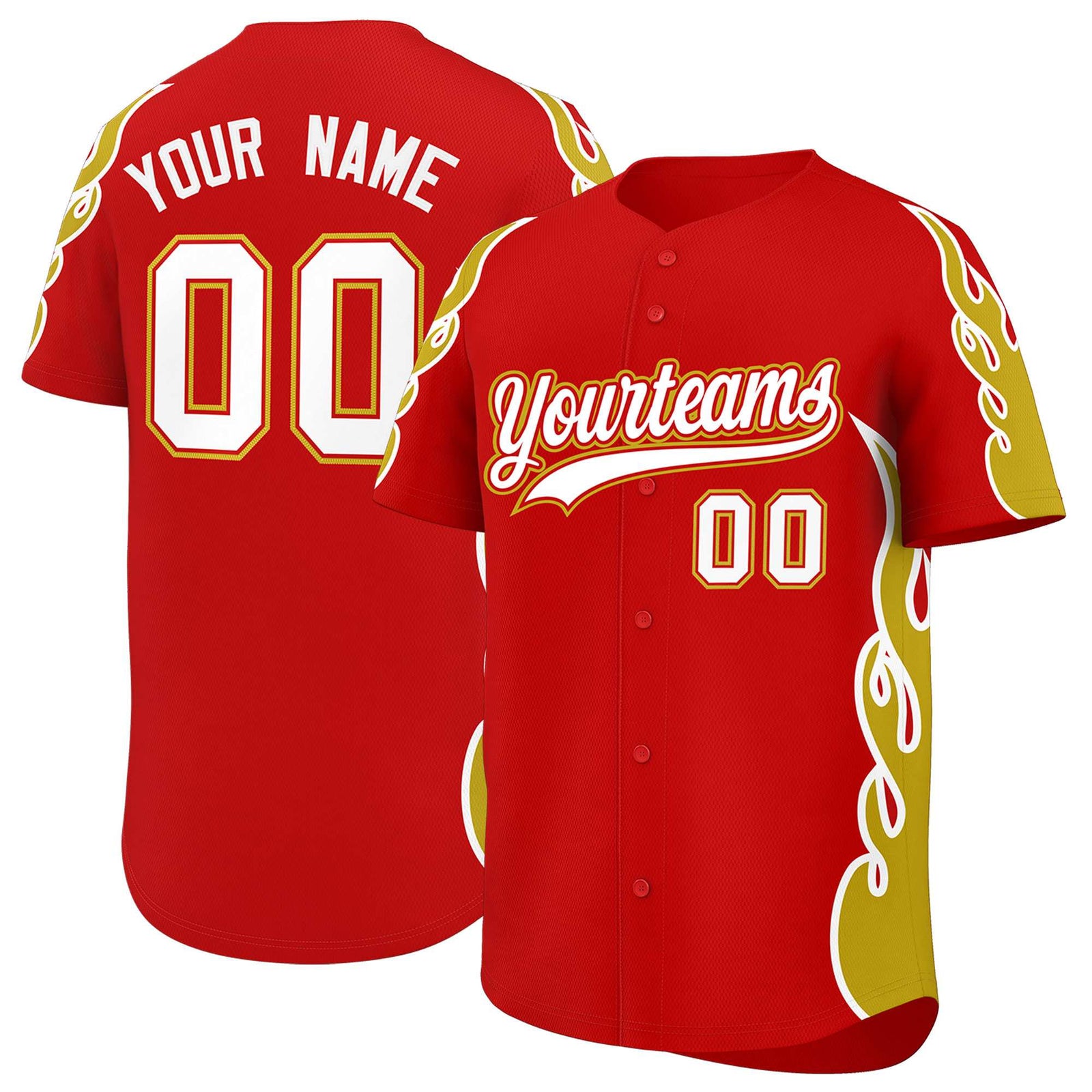 Custom Red Old Gold Side Flame Outline Pattern Sports Uniform Basetball Jersey