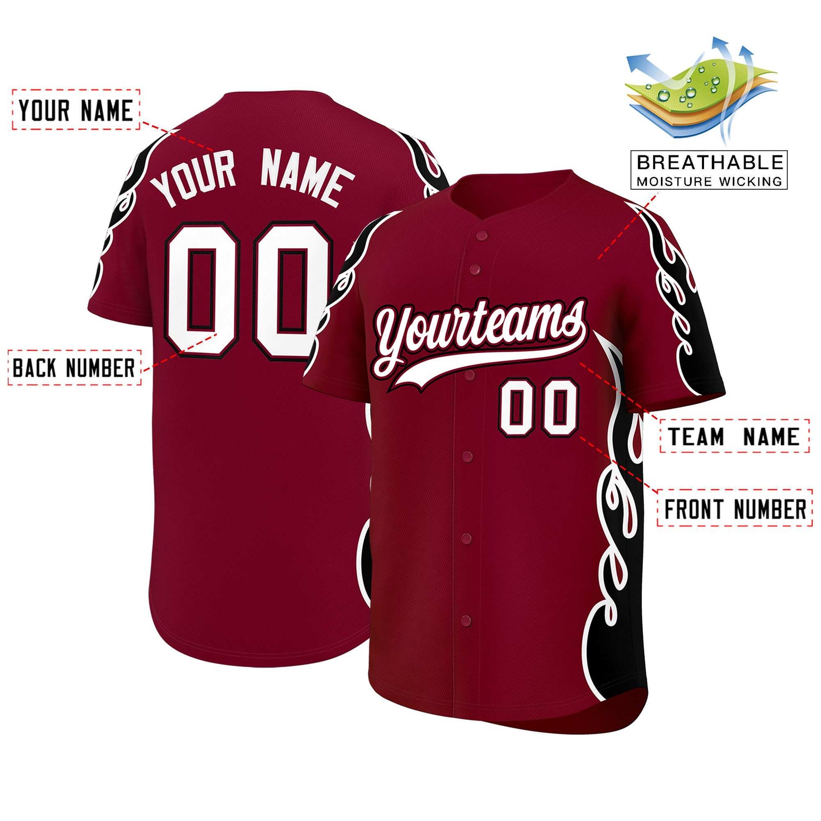 Custom Crimson Black Side Flame Outline Pattern Sports Uniform Basetball Jersey