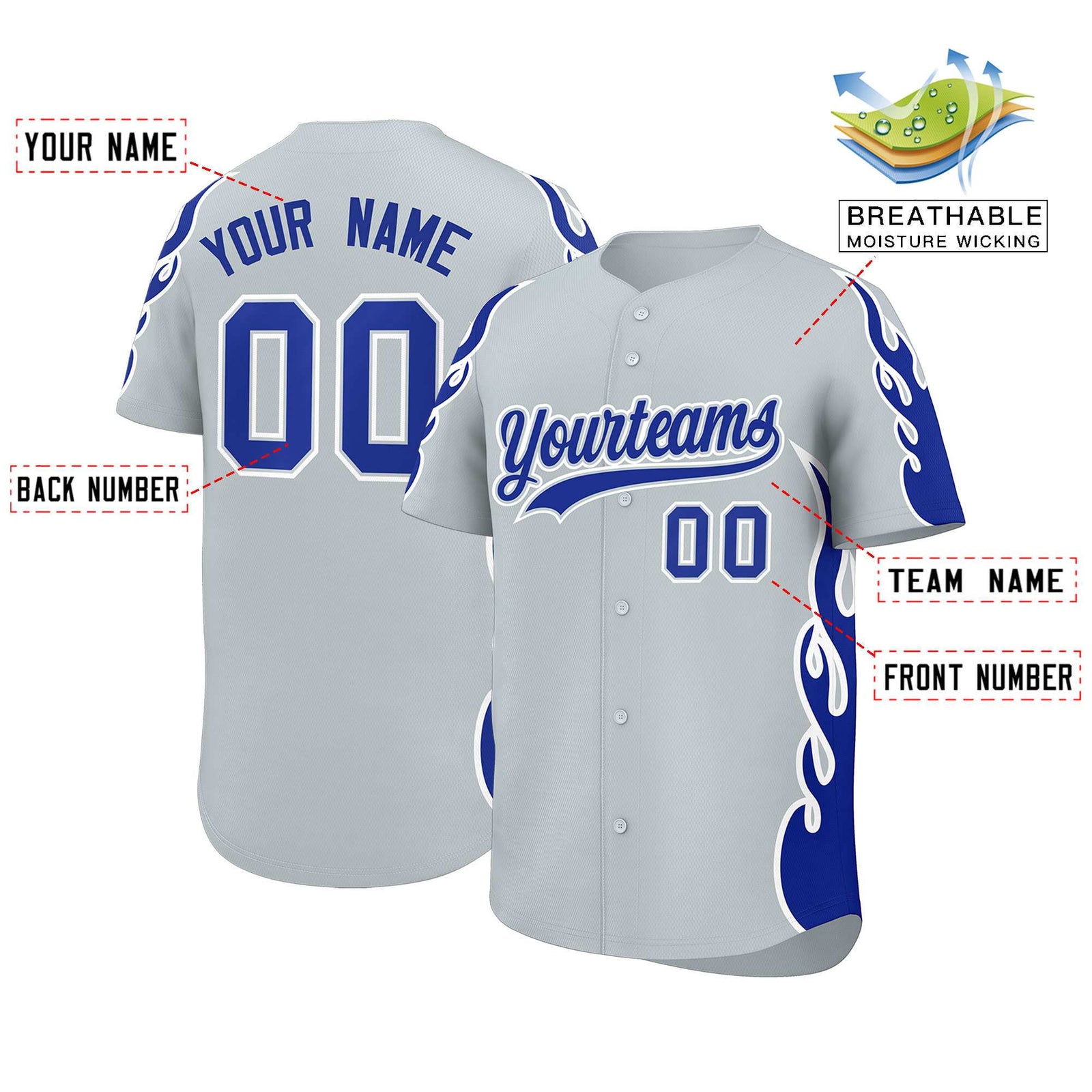 Custom Silver Royal Side Flame Outline Pattern Sports Uniform Basetball Jersey