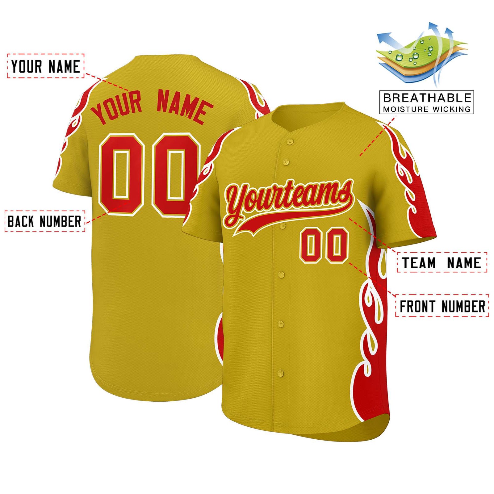Custom Old Gold Red Side Flame Outline Pattern Sports Uniform Basetball Jersey