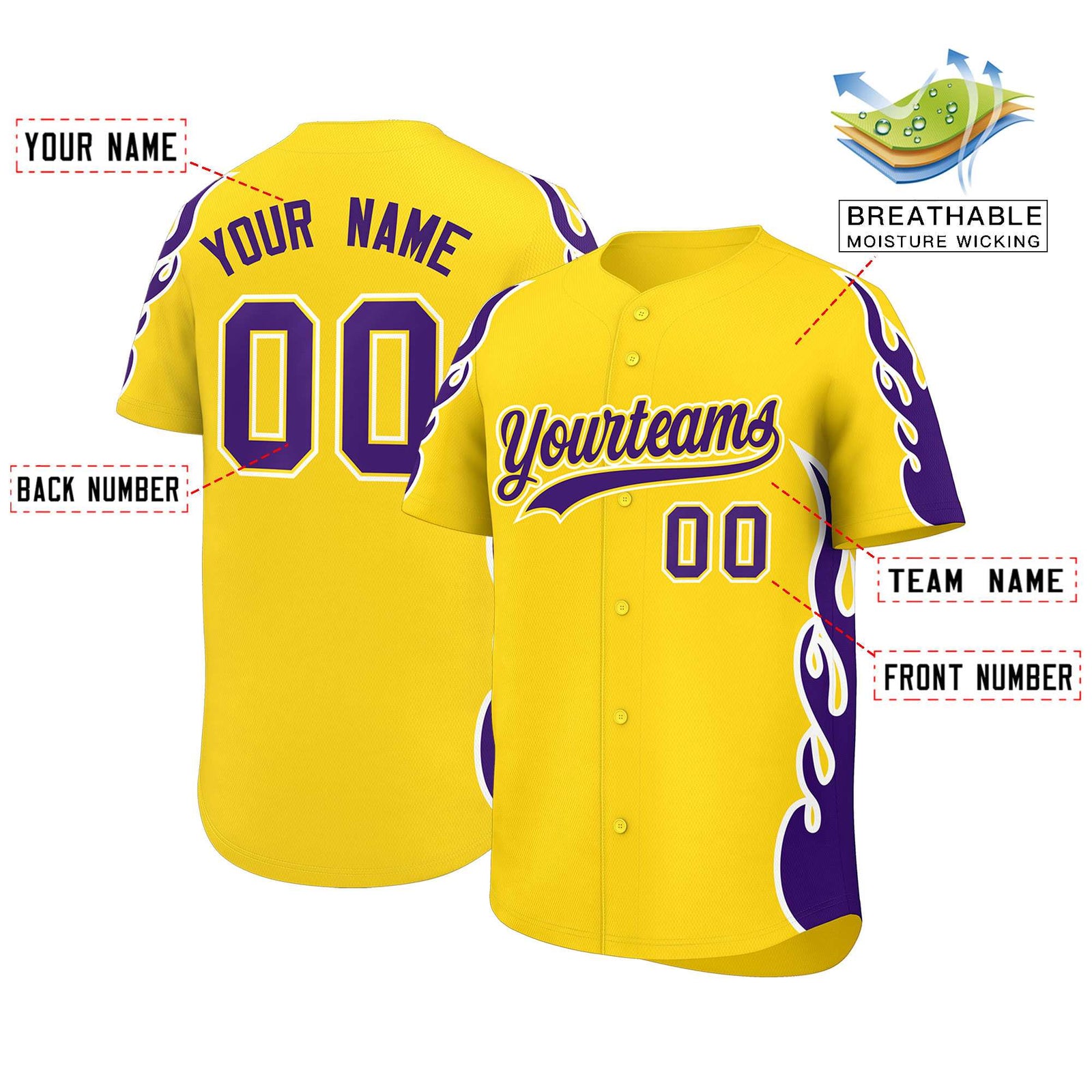 Custom Gold Purple Side Flame Outline Pattern Sports Uniform Basetball Jersey