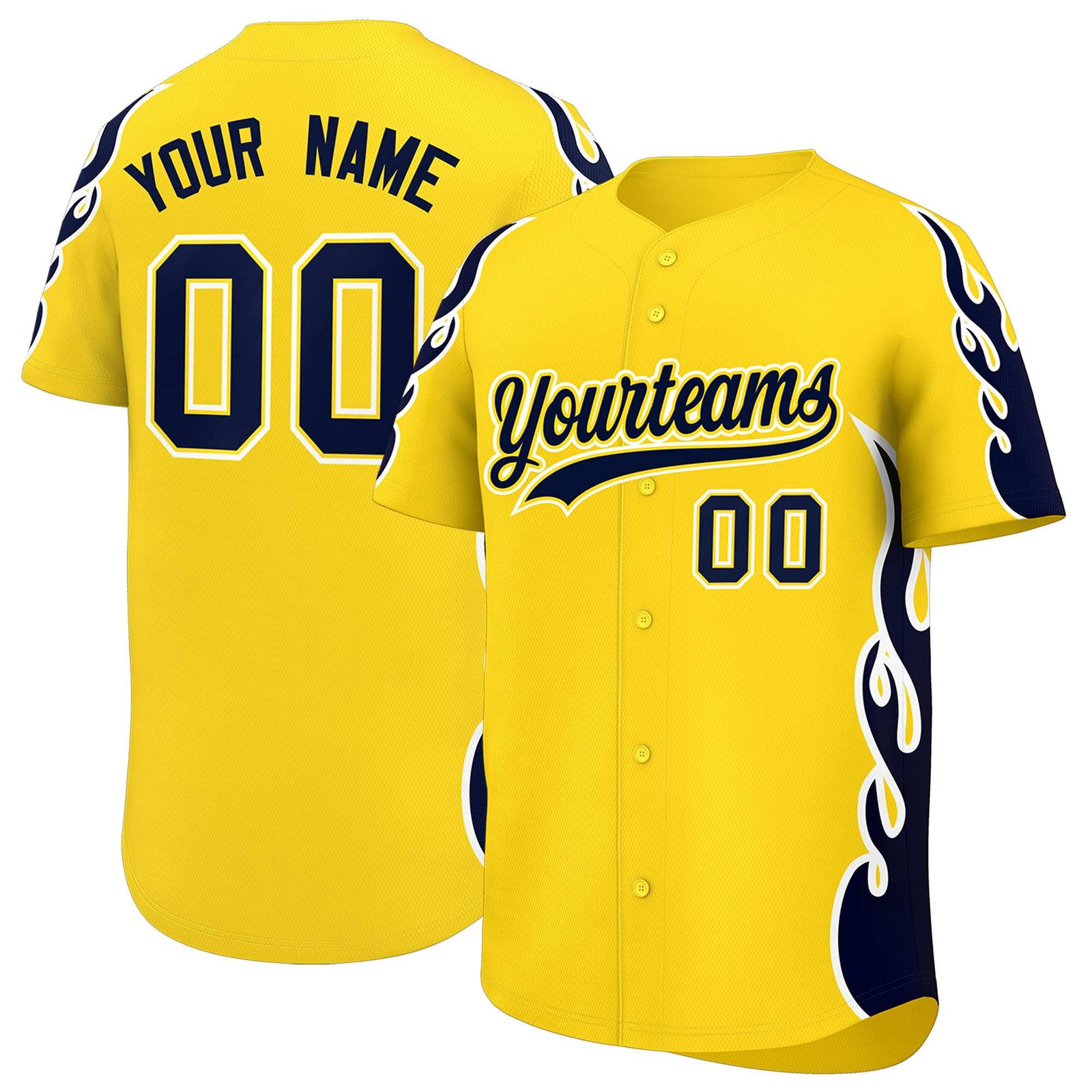Custom Gold Navy Side Flame Outline Pattern Sports Uniform Basetball Jersey