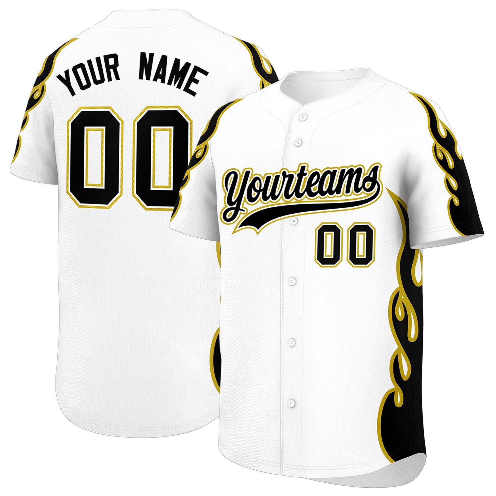 Custom White Old Gold Side Flame Outline Pattern Sports Uniform Basetball Jersey