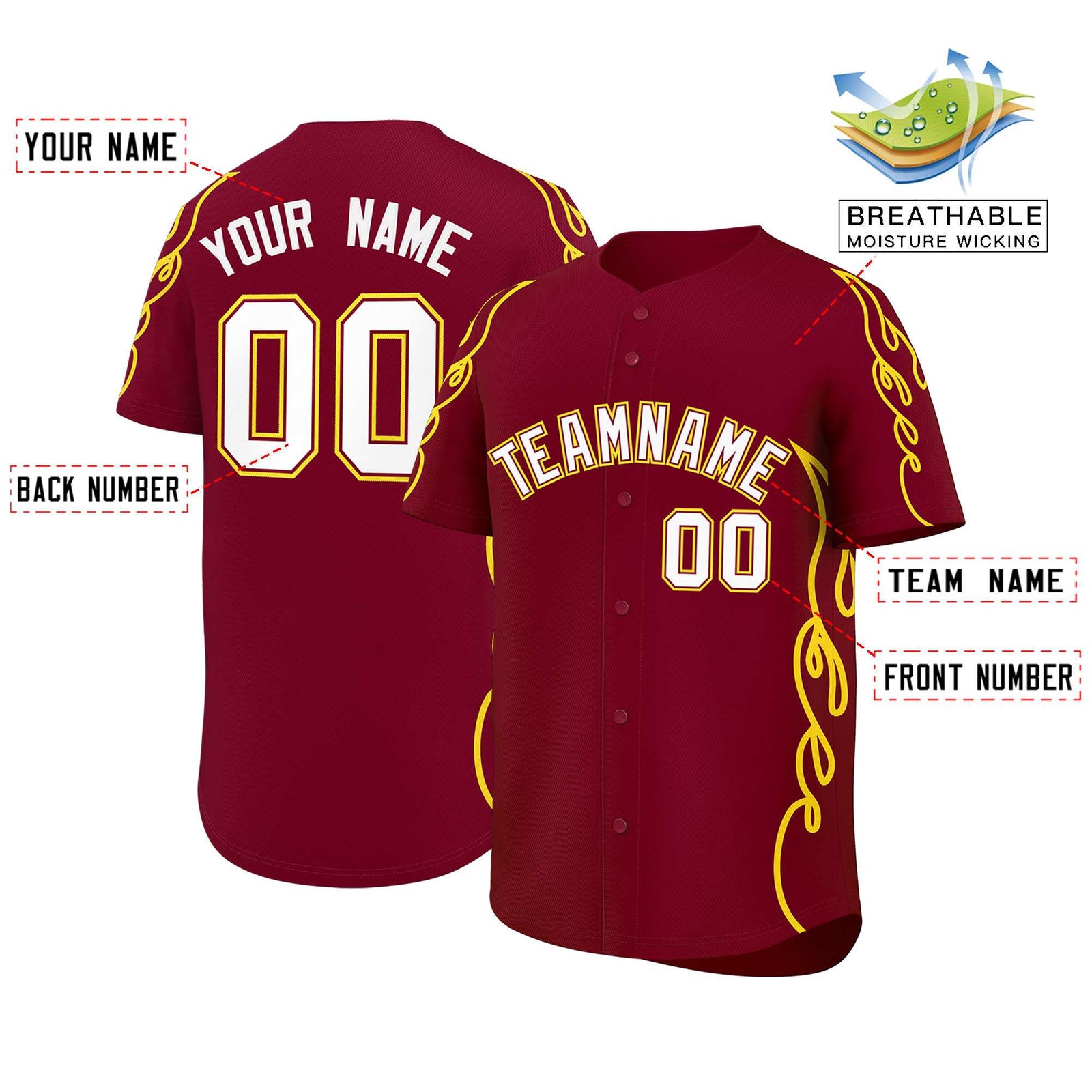 Custom Crimson Gold Side Flame Outline Pattern Sports Uniform Basetball Jersey