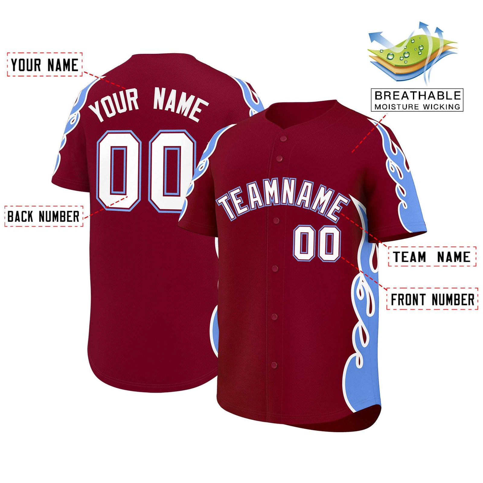 Custom Crimson Light Blue Side Flame Outline Pattern Sports Uniform Basetball Jersey