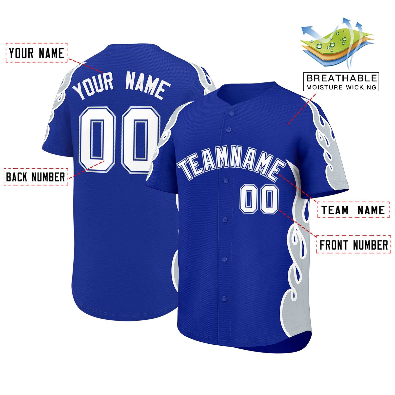 Custom Royal Silver Side Flame Outline Pattern Sports Uniform Basetball Jersey