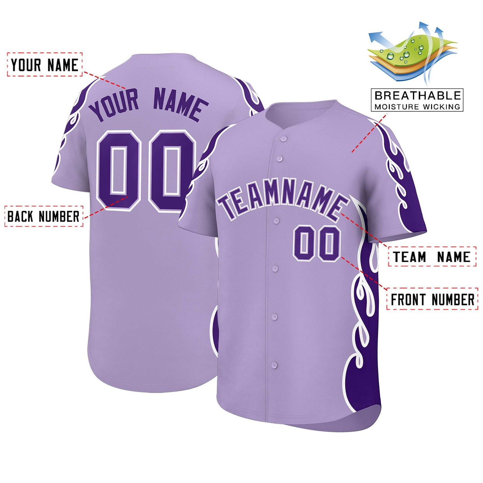 Custom Light Purple Purple Side Flame Outline Pattern Sports Uniform Basetball Jersey